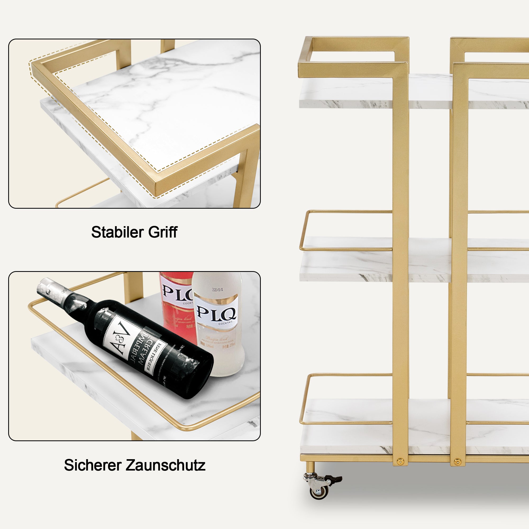 Barberpub Servierwagen mit Rollen, Küchenwagen Barwagen Metallgestell, Moderne Rollwagen Mehrzweckwagen mit 3 Ebenen, für Küche Bad Wohnzimmer Büro, 48*43*76cm, 0033