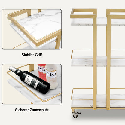 Barberpub Servierwagen mit Rollen, Küchenwagen Barwagen Metallgestell, Moderne Rollwagen Mehrzweckwagen mit 3 Ebenen, für Küche Bad Wohnzimmer Büro, 48*43*76cm, 0033