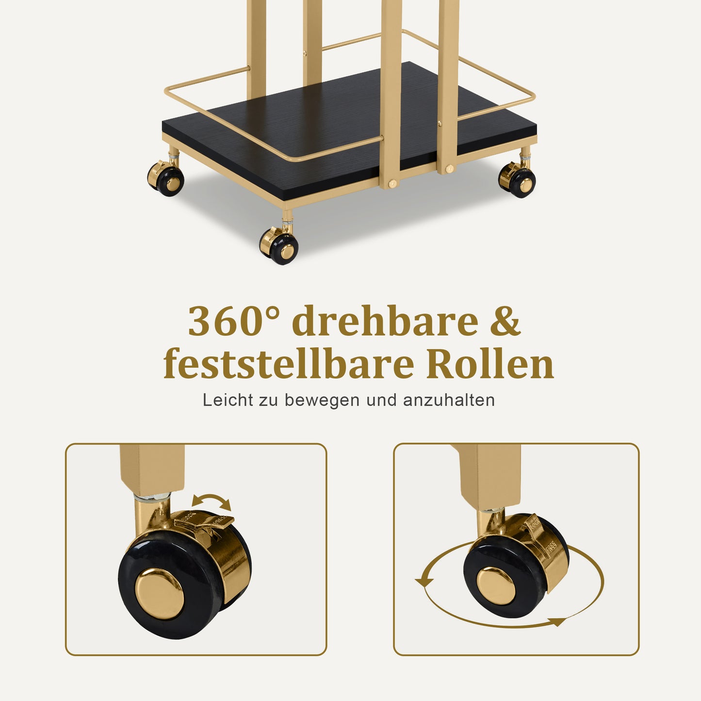 Barberpub Servierwagen mit Rollen, Küchenwagen Barwagen Metallgestell, Moderne Rollwagen Mehrzweckwagen mit 3 Ebenen, für Küche Bad Wohnzimmer Büro, 48*43*76cm, 0033