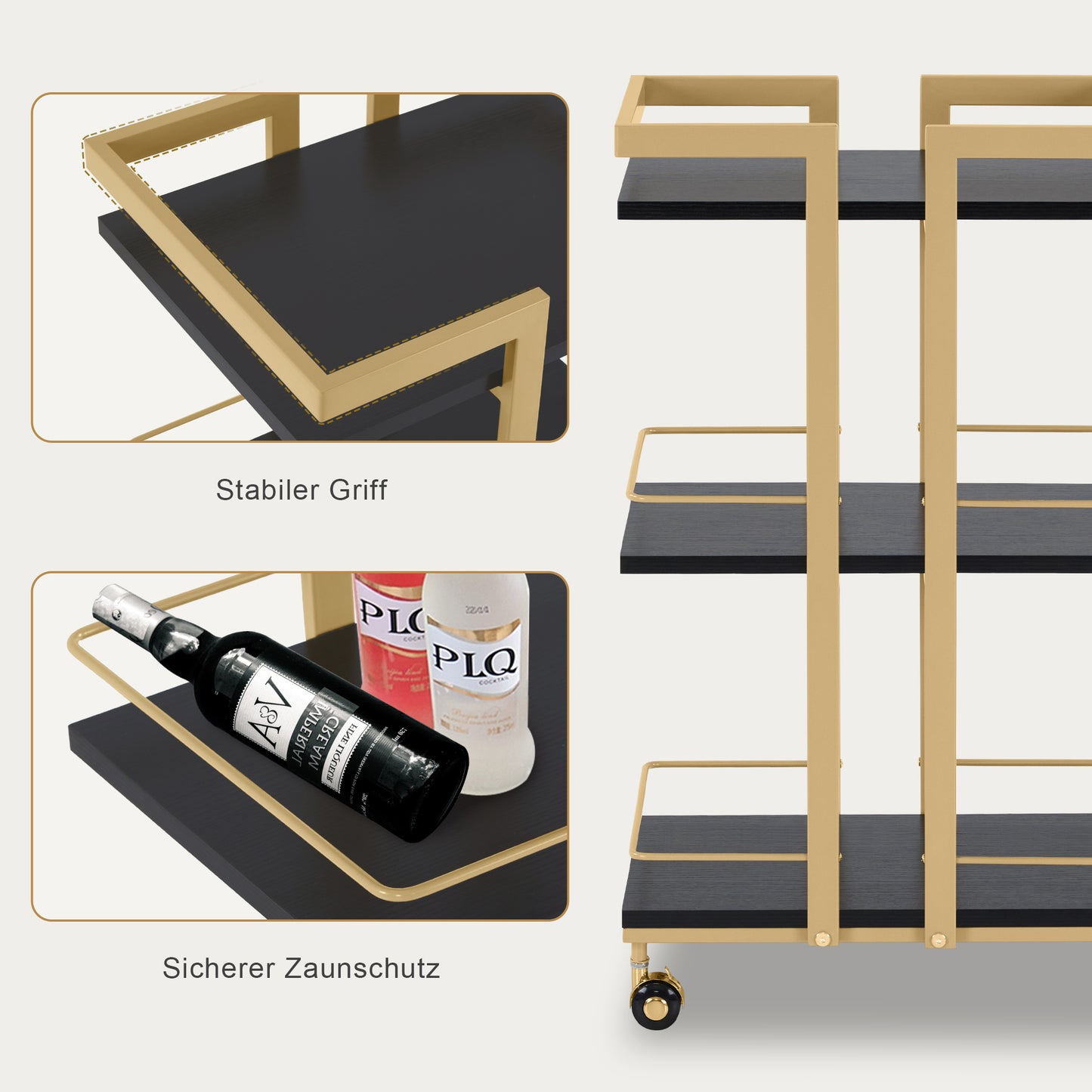Barberpub Servierwagen mit Rollen, Küchenwagen Barwagen Metallgestell, Moderne Rollwagen Mehrzweckwagen mit 3 Ebenen, für Küche Bad Wohnzimmer Büro, 48*43*76cm, 0033