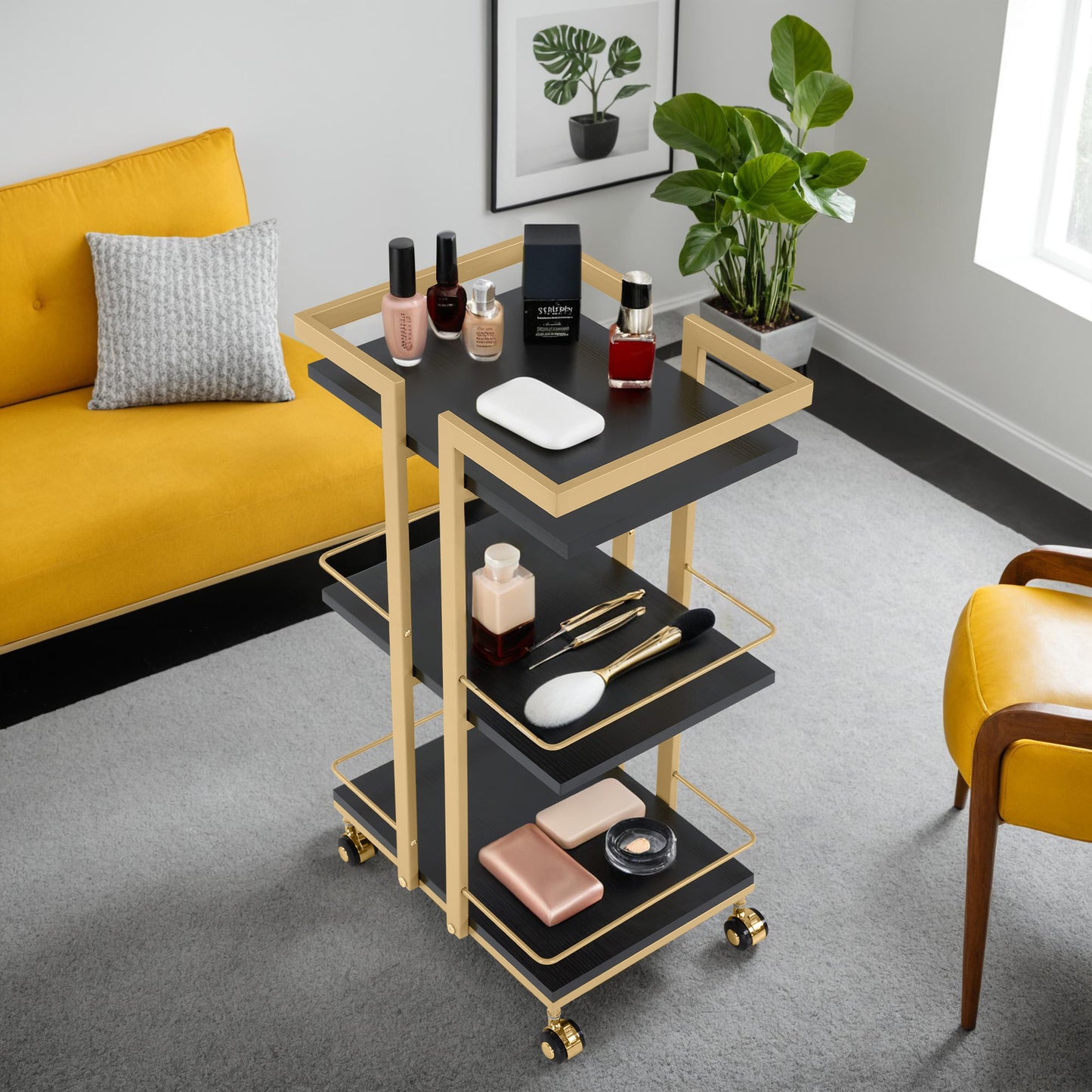 Barberpub Servierwagen mit Rollen, Küchenwagen Barwagen Metallgestell, Moderne Rollwagen Mehrzweckwagen mit 3 Ebenen, für Küche Bad Wohnzimmer Büro, 48*43*76cm, 0033