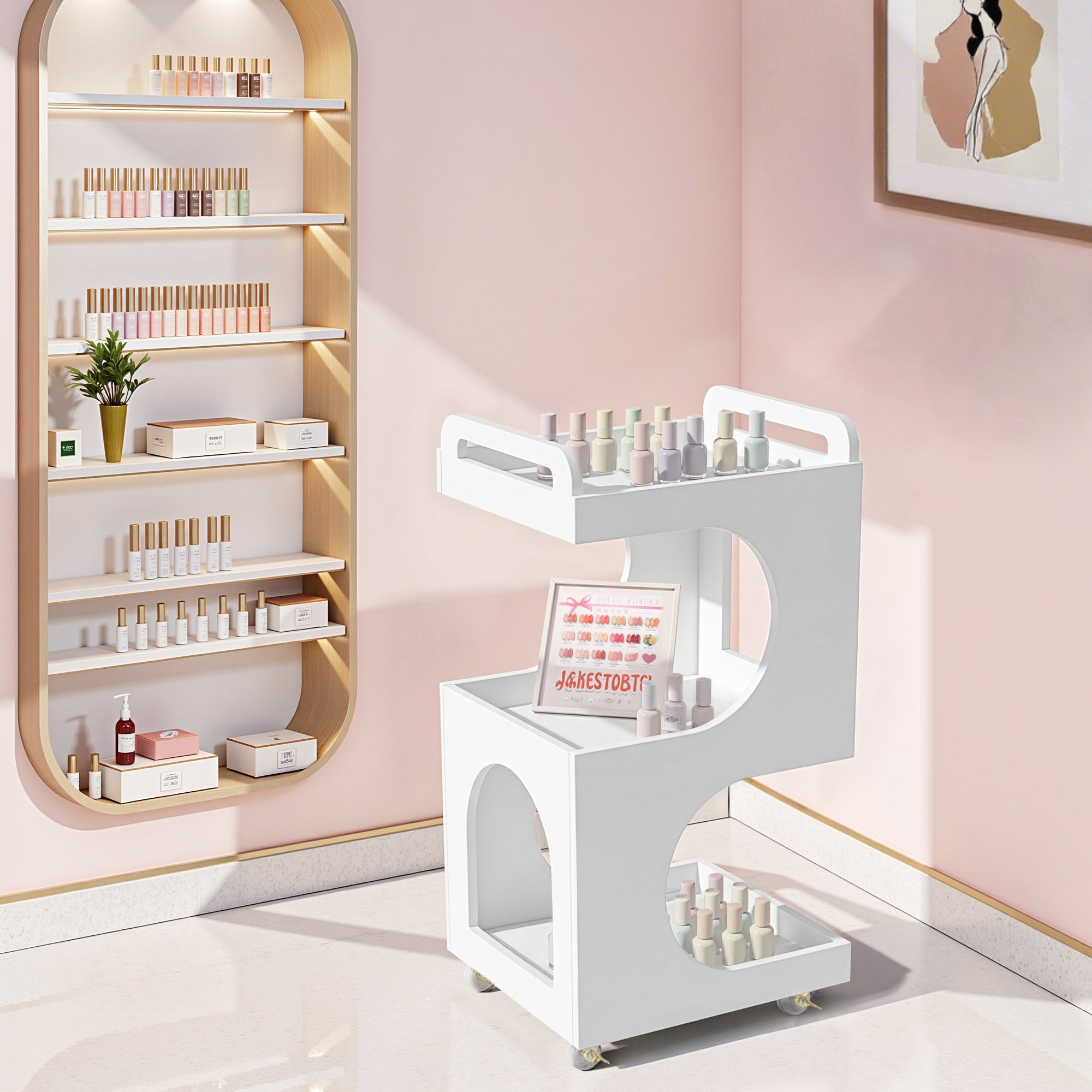 BarberPub Servierwagen mit Rollen, Rollwagen Friseurwagen Weiß, Badwagen Küchenwagen, Salon Trolley mit 3 Ablagen, Moderner Mehrzweckwagen für Schönheitssalon Bad Wohnzimmer, 44,5x40x87cm, 0045