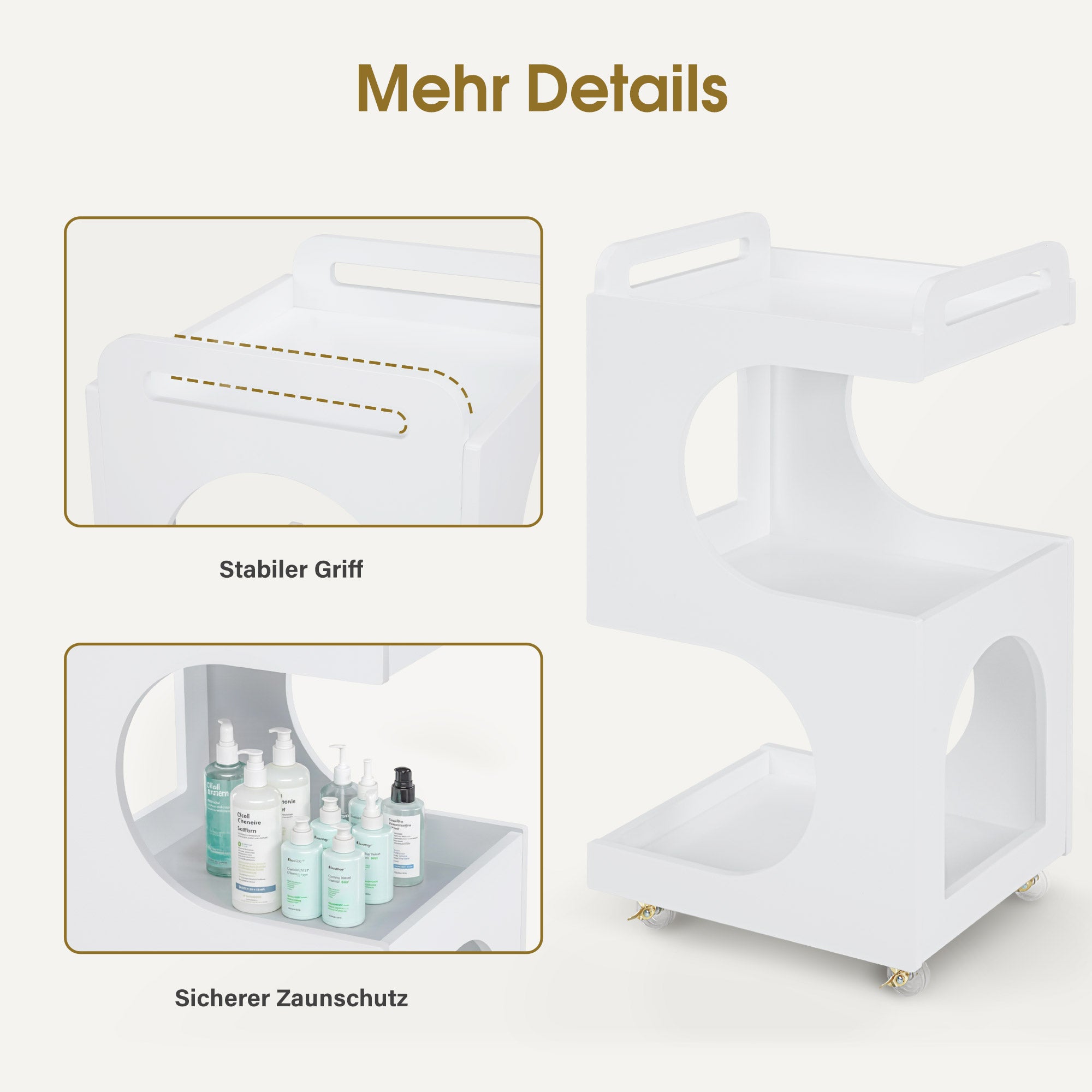 BarberPub Servierwagen mit Rollen, Rollwagen Friseurwagen Weiß, Badwagen Küchenwagen, Salon Trolley mit 3 Ablagen, Moderner Mehrzweckwagen für Schönheitssalon Bad Wohnzimmer, 44,5x40x87cm, 0045