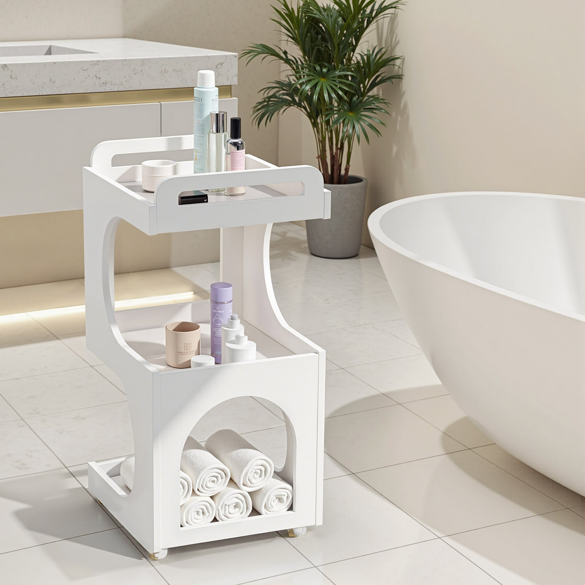 BarberPub Servierwagen mit Rollen, Rollwagen Friseurwagen Weiß, Badwagen Küchenwagen, Salon Trolley mit 3 Ablagen, Moderner Mehrzweckwagen für Schönheitssalon Bad Wohnzimmer, 44,5x40x87cm, 0045