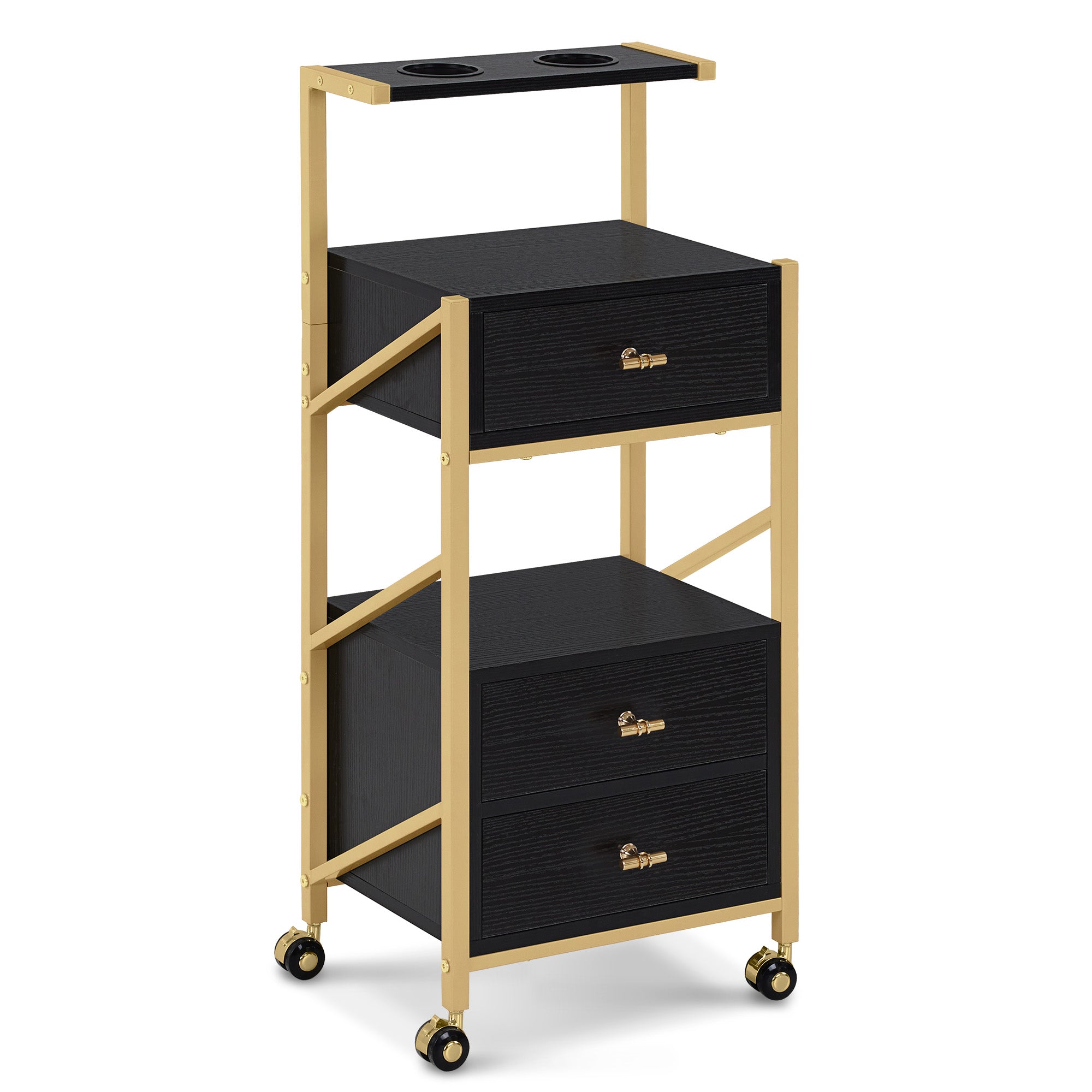 Barberpub Friseurwagen mit Rollen & 3 Schubladen, Rollwagen Servierwagen Weiß-Gold, Salon Trolley mit 2 Ablagen & 2 Föhnhalter, Moderner Arbeitswagen für Bad Wohnzimmer, 30x40x97cm, 0048