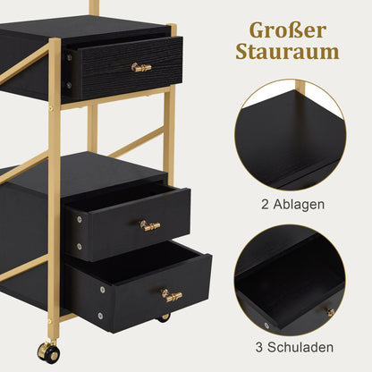 Barberpub Friseurwagen mit Rollen & 3 Schubladen, Rollwagen Servierwagen Weiß-Gold, Salon Trolley mit 2 Ablagen & 2 Föhnhalter, Moderner Arbeitswagen für Bad Wohnzimmer, 30x40x97cm, 0048