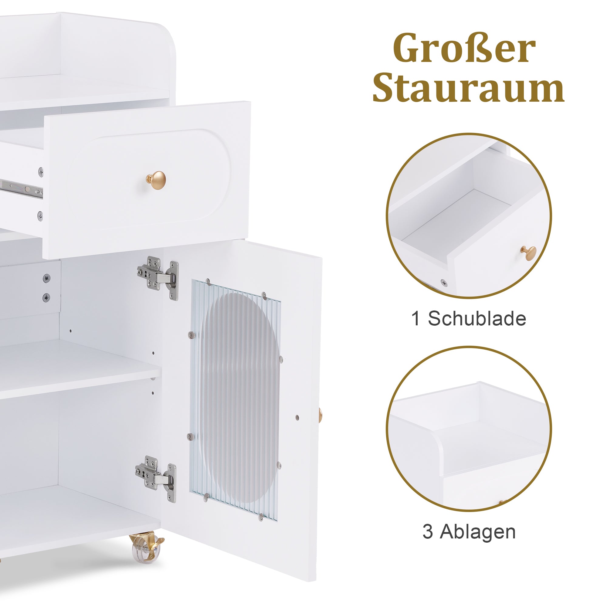 Barberpub Friseurwagen mit Rollen & Schubladen, Rollwagen Servierwagen Weiß,  Salon Trolley mit 3 Ablagen & Föhnhalter, Moderner Arbeitswagen für Bad Wohnzimmer, 31,4x37x85,5 cm, 0051