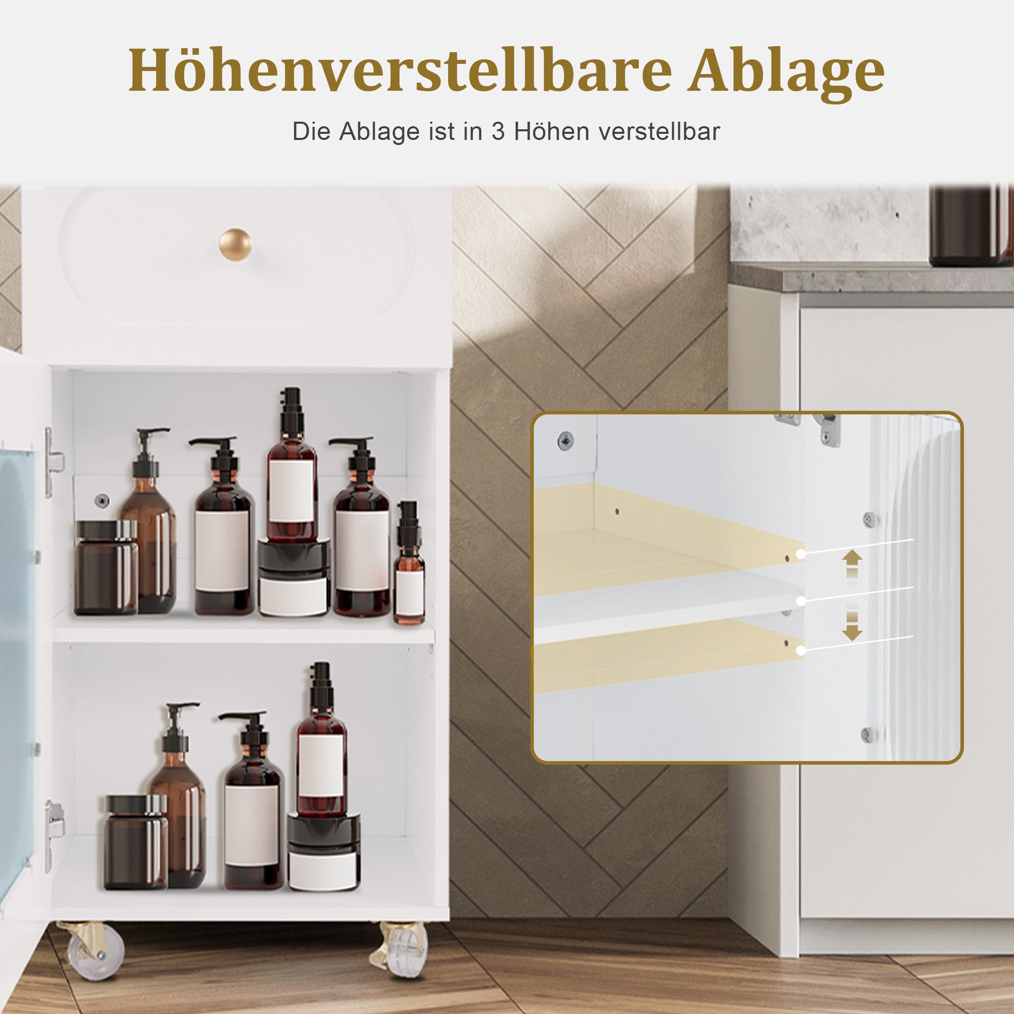 Barberpub Friseurwagen mit Rollen & Schubladen, Rollwagen Servierwagen Weiß,  Salon Trolley mit 3 Ablagen & Föhnhalter, Moderner Arbeitswagen für Bad Wohnzimmer, 31,4x37x85,5 cm, 0051
