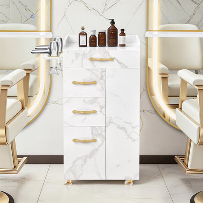 BarberPub Friseurwagen mit 3 Schubladen & 2 Schränken, Beauty Salon Trolley mit 3 Föhnhaltern, Rollwagen Servierwagen für Schönheitssalon, Friseur Arbeitswagen, 39x58x90cm, 0065 (Weiß-Gold)
