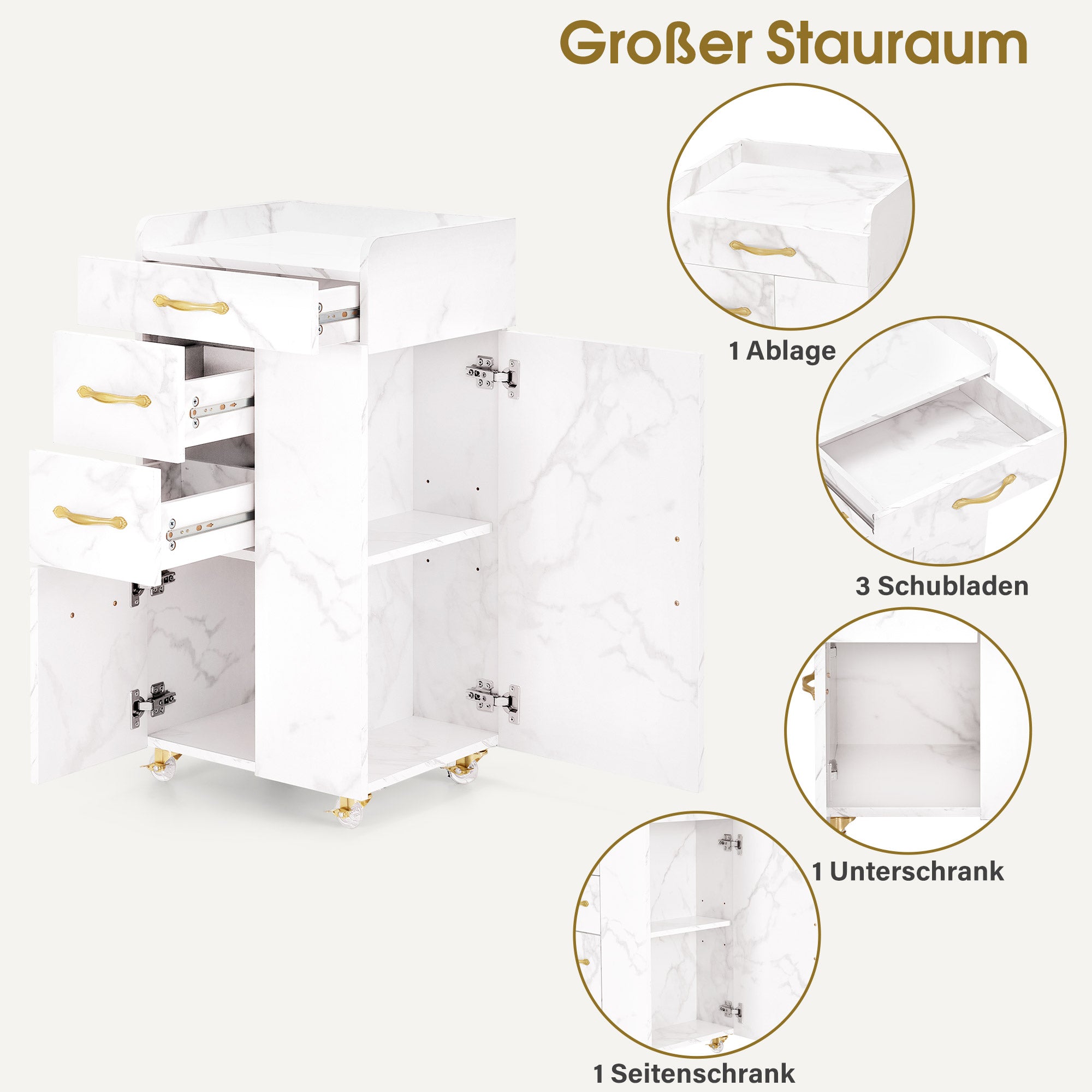 BarberPub Friseurwagen mit 3 Schubladen & 2 Schränken, Beauty Salon Trolley mit 3 Föhnhaltern, Rollwagen Servierwagen für Schönheitssalon, Friseur Arbeitswagen, 39x58x90cm, 0065 (Weiß-Gold)