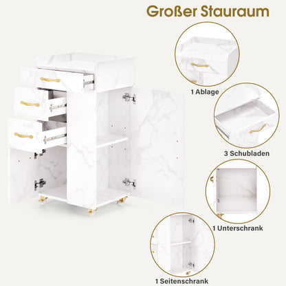 BarberPub Friseurwagen mit 3 Schubladen & 2 Schränken, Beauty Salon Trolley mit 3 Föhnhaltern, Rollwagen Servierwagen für Schönheitssalon, Friseur Arbeitswagen, 39x58x90cm, 0065 (Weiß-Gold)