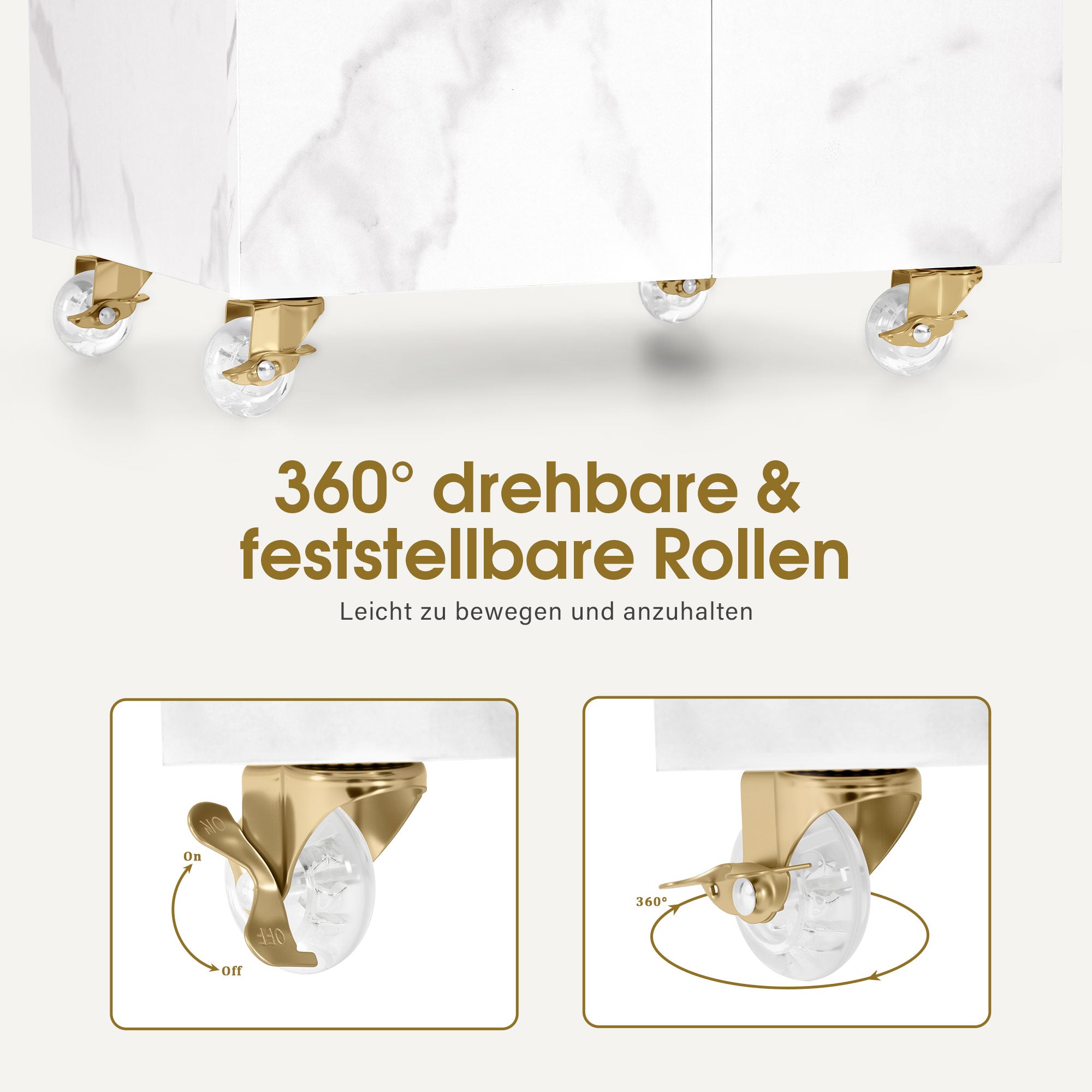BarberPub Friseurwagen mit 3 Schubladen & 2 Schränken, Beauty Salon Trolley mit 3 Föhnhaltern, Rollwagen Servierwagen für Schönheitssalon, Friseur Arbeitswagen, 39x58x90cm, 0065 (Weiß-Gold)