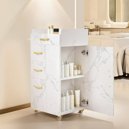 BarberPub Friseurwagen mit 3 Schubladen & 2 Schränken, Beauty Salon Trolley mit 3 Föhnhaltern, Rollwagen Servierwagen für Schönheitssalon, Friseur Arbeitswagen, 39x58x90cm, 0065 (Weiß-Gold)