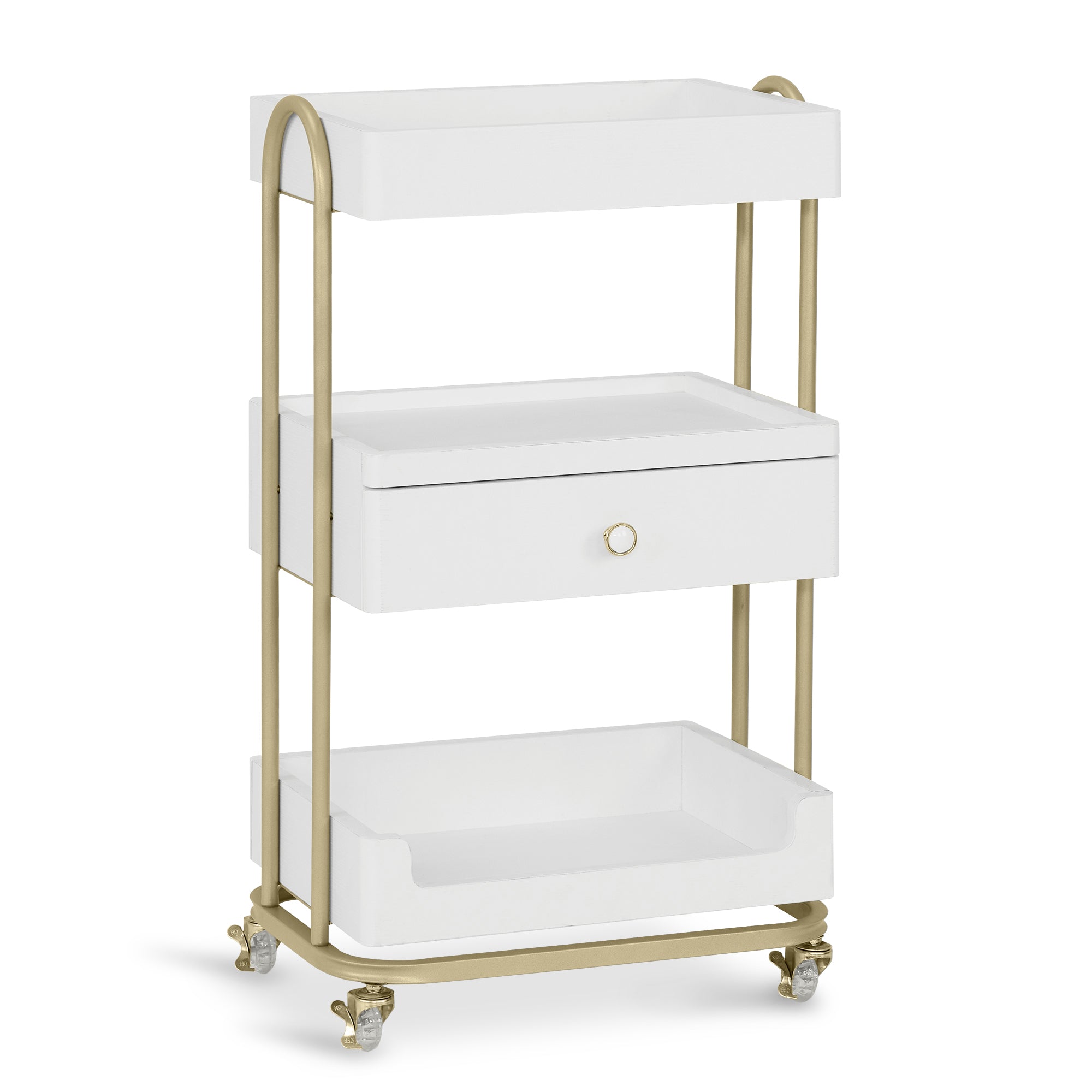 BarberPub Servierwagen mit Rollen & Schublade, Rollwagen Friseurwagen Weiß-Gold, Salon Trolley mit 3 Ablagen, Moderner Arbeitswagen für Bad Wohnzimmer, 37x51x87cm, 0093