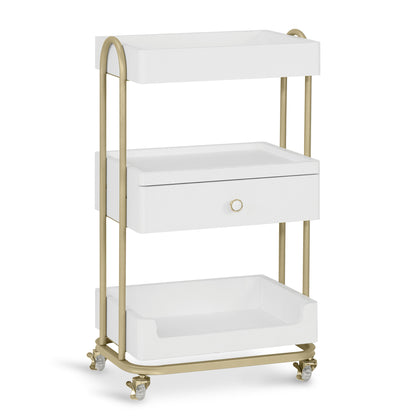 BarberPub Servierwagen mit Rollen & Schublade, Rollwagen Friseurwagen Weiß-Gold, Salon Trolley mit 3 Ablagen, Moderner Arbeitswagen für Bad Wohnzimmer, 37x51x87cm, 0093