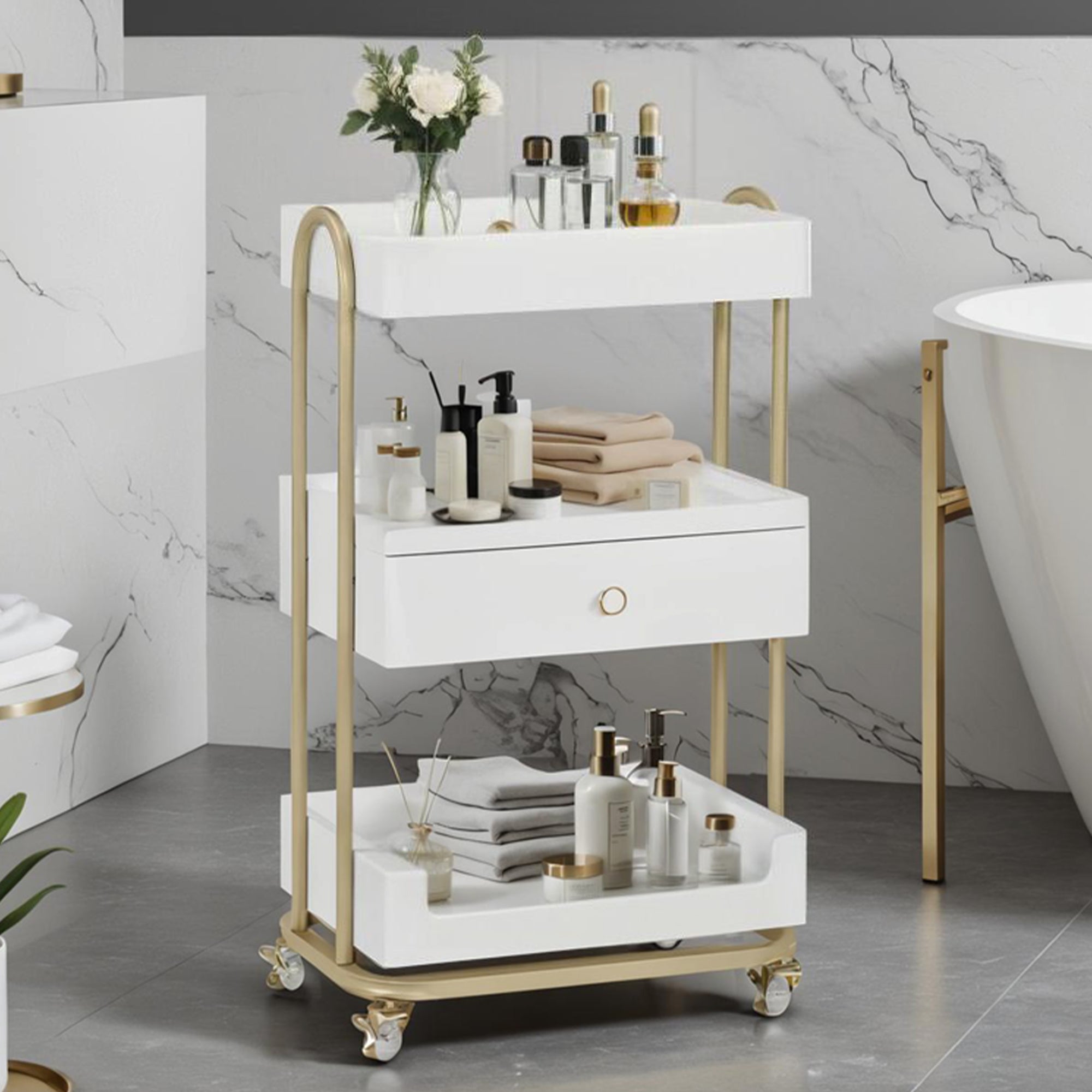 BarberPub Servierwagen mit Rollen & Schublade, Rollwagen Friseurwagen Weiß-Gold, Salon Trolley mit 3 Ablagen, Moderner Arbeitswagen für Bad Wohnzimmer, 37x51x87cm, 0093