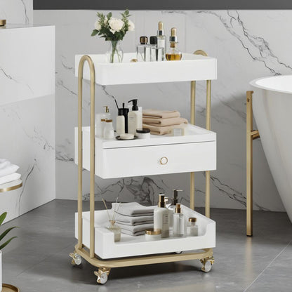 BarberPub Servierwagen mit Rollen & Schublade, Rollwagen Friseurwagen Weiß-Gold, Salon Trolley mit 3 Ablagen, Moderner Arbeitswagen für Bad Wohnzimmer, 37x51x87cm, 0093