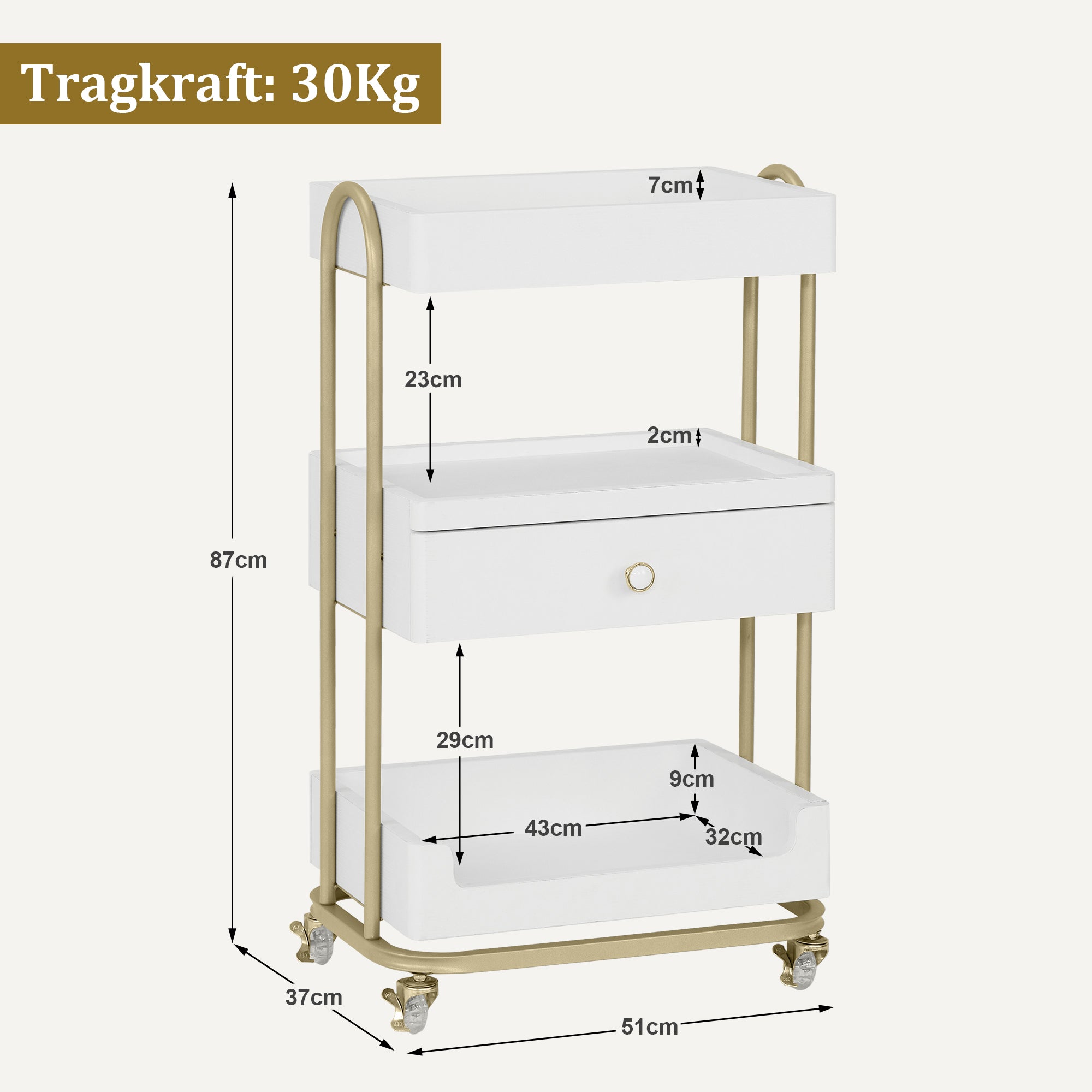BarberPub Servierwagen mit Rollen & Schublade, Rollwagen Friseurwagen Weiß-Gold, Salon Trolley mit 3 Ablagen, Moderner Arbeitswagen für Bad Wohnzimmer, 37x51x87cm, 0093