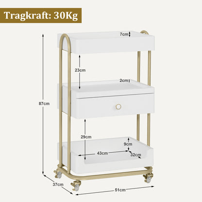 BarberPub Servierwagen mit Rollen & Schublade, Rollwagen Friseurwagen Weiß-Gold, Salon Trolley mit 3 Ablagen, Moderner Arbeitswagen für Bad Wohnzimmer, 37x51x87cm, 0093