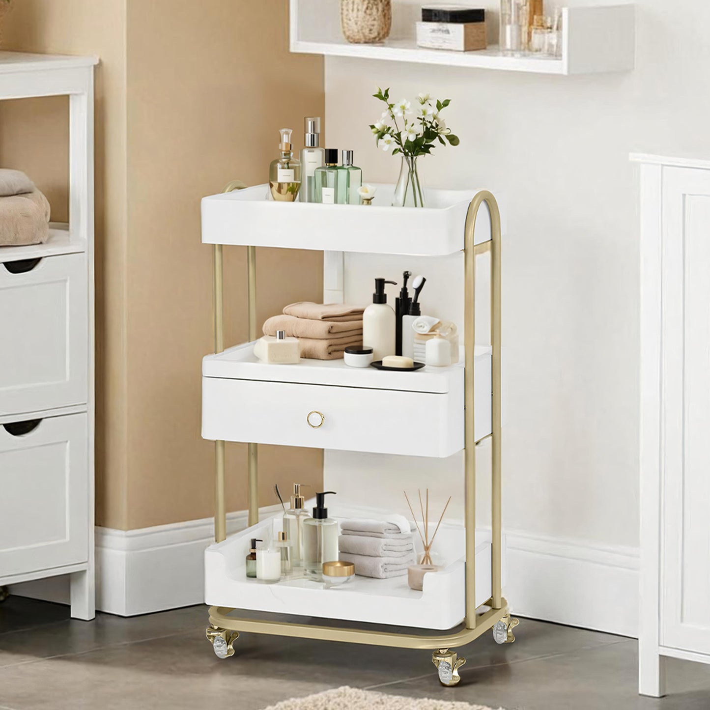 BarberPub Servierwagen mit Rollen & Schublade, Rollwagen Friseurwagen Weiß-Gold, Salon Trolley mit 3 Ablagen, Moderner Arbeitswagen für Bad Wohnzimmer, 37x51x87cm, 0093