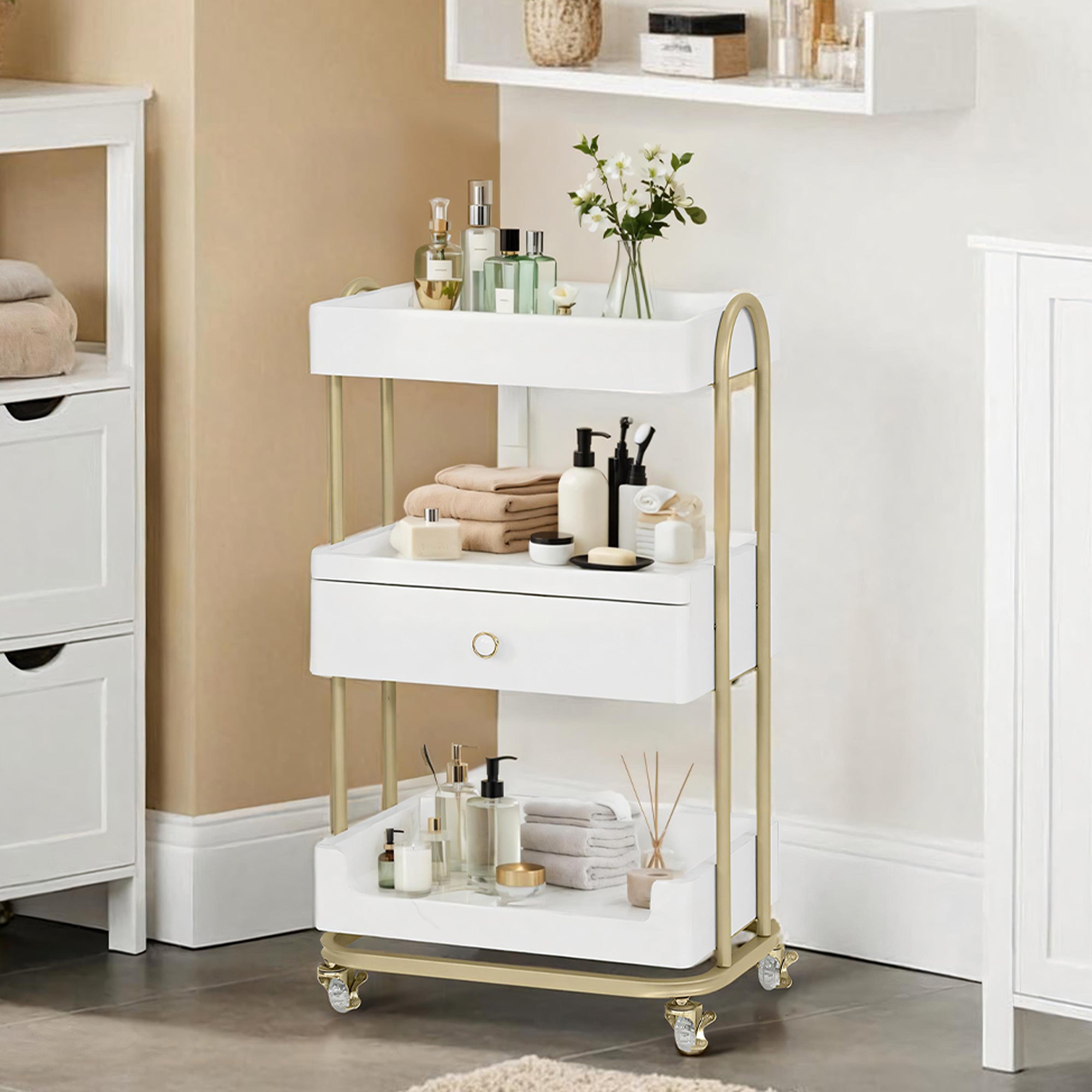 BarberPub Servierwagen mit Rollen & Schublade, Rollwagen Friseurwagen Weiß-Gold, Salon Trolley mit 3 Ablagen, Moderner Arbeitswagen für Bad Wohnzimmer, 37x51x87cm, 0093