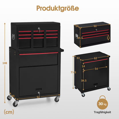BarberPub 2 in 1 Friseurwagen mit 5 Schubladen,  Schrank & 6 Haken, Bedienungswagen mit Rollen, Friseur Arbeitswagen Abschließbar, Beauty Salon Trolley Metall, Rollwagen Stapelboy, 33x70x108cm, 0097