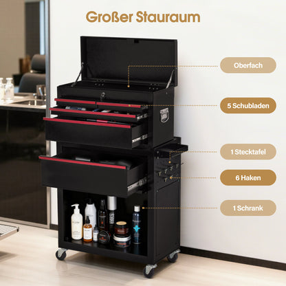 BarberPub 2 in 1 Friseurwagen mit 5 Schubladen,  Schrank & 6 Haken, Bedienungswagen mit Rollen, Friseur Arbeitswagen Abschließbar, Beauty Salon Trolley Metall, Rollwagen Stapelboy, 33x70x108cm, 0097