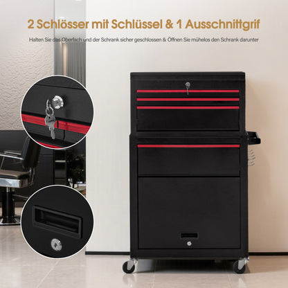 BarberPub 2 in 1 Friseurwagen mit 5 Schubladen,  Schrank & 6 Haken, Bedienungswagen mit Rollen, Friseur Arbeitswagen Abschließbar, Beauty Salon Trolley Metall, Rollwagen Stapelboy, 33x70x108cm, 0097