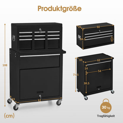 BarberPub 2 in 1 Friseurwagen mit 5 Schubladen,  Schrank & 6 Haken, Bedienungswagen mit Rollen, Friseur Arbeitswagen Abschließbar, Beauty Salon Trolley Metall, Rollwagen Stapelboy, 33x70x108cm, 0097
