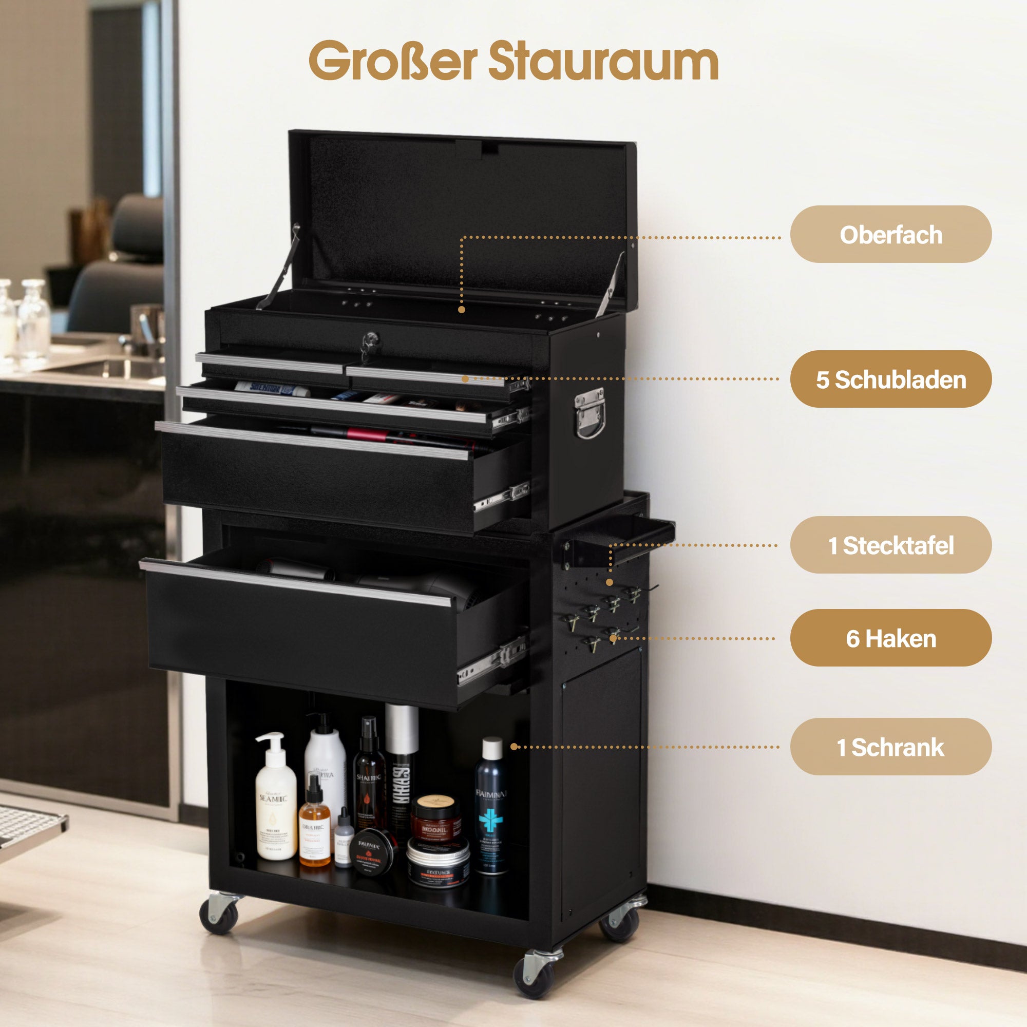 BarberPub 2 in 1 Friseurwagen mit 5 Schubladen,  Schrank & 6 Haken, Bedienungswagen mit Rollen, Friseur Arbeitswagen Abschließbar, Beauty Salon Trolley Metall, Rollwagen Stapelboy, 33x70x108cm, 0097