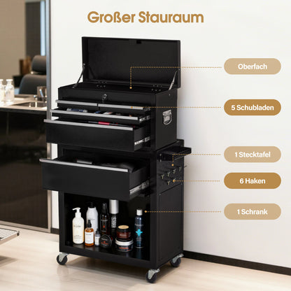 BarberPub 2 in 1 Friseurwagen mit 5 Schubladen,  Schrank & 6 Haken, Bedienungswagen mit Rollen, Friseur Arbeitswagen Abschließbar, Beauty Salon Trolley Metall, Rollwagen Stapelboy, 33x70x108cm, 0097