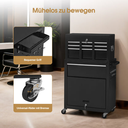 BarberPub 2 in 1 Friseurwagen mit 5 Schubladen,  Schrank & 6 Haken, Bedienungswagen mit Rollen, Friseur Arbeitswagen Abschließbar, Beauty Salon Trolley Metall, Rollwagen Stapelboy, 33x70x108cm, 0097