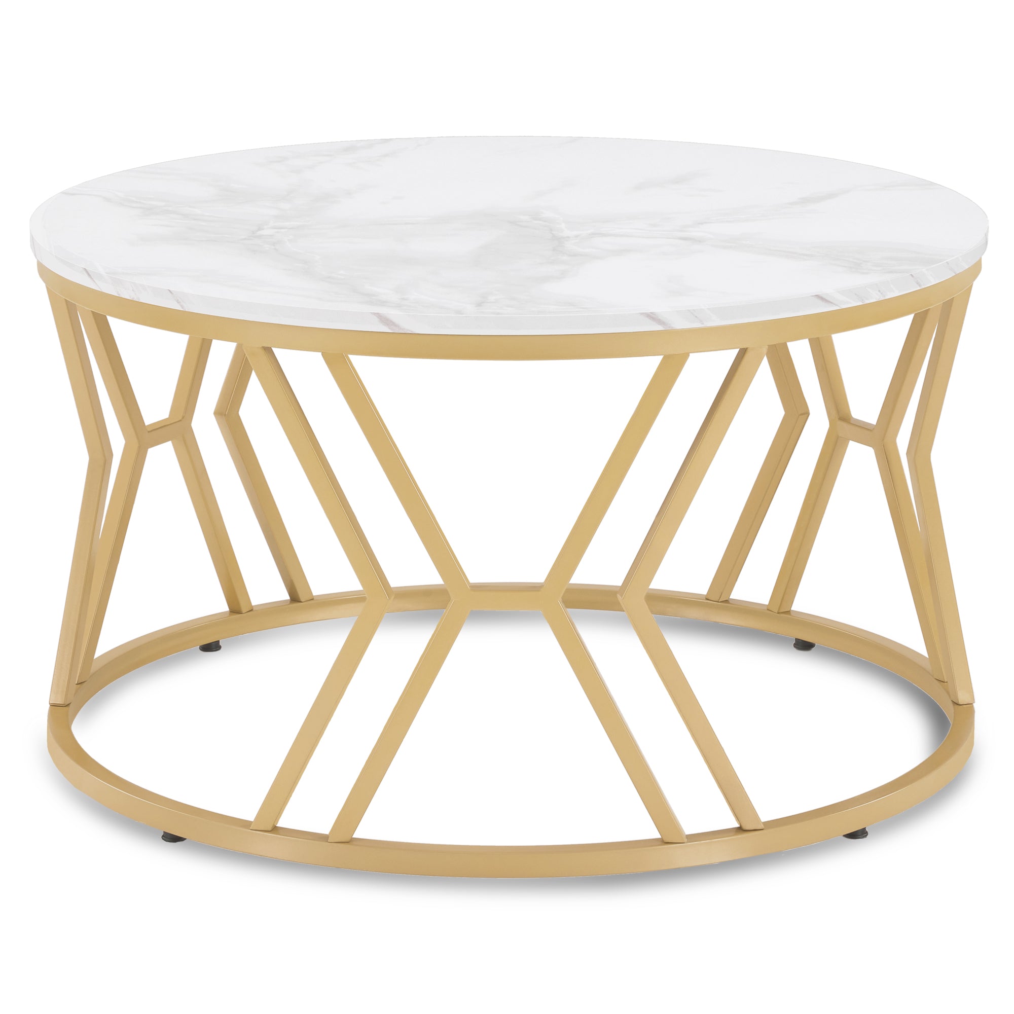 BarberPub Couchtisch Rund Holz, Moderner Sofatisch, Kleiner Beistelltisch Metall, Kaffeetisch für Wohnzimmer, Schönheitssalon, Wohnzimmertisch Marmor-Weiß Gold, 80x80x46cm, 2115