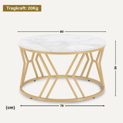 BarberPub Couchtisch Rund Holz, Moderner Sofatisch, Kleiner Beistelltisch Metall, Kaffeetisch für Wohnzimmer, Schönheitssalon, Wohnzimmertisch Marmor-Weiß Gold, 80x80x46cm, 2115