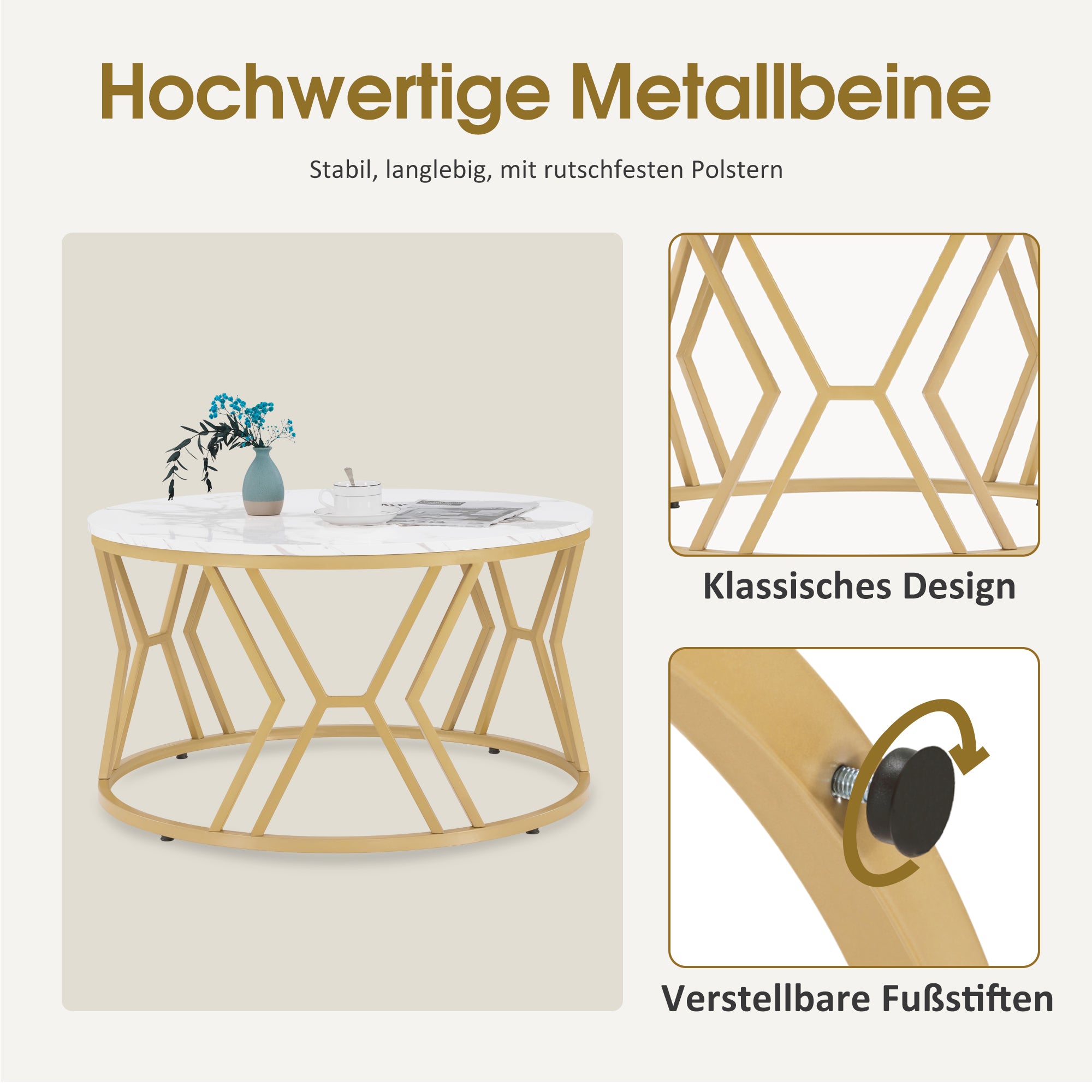 BarberPub Couchtisch Rund Holz, Moderner Sofatisch, Kleiner Beistelltisch Metall, Kaffeetisch für Wohnzimmer, Schönheitssalon, Wohnzimmertisch Marmor-Weiß Gold, 80x80x46cm, 2115