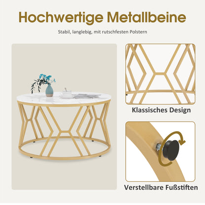 BarberPub Couchtisch Rund Holz, Moderner Sofatisch, Kleiner Beistelltisch Metall, Kaffeetisch für Wohnzimmer, Schönheitssalon, Wohnzimmertisch Marmor-Weiß Gold, 80x80x46cm, 2115