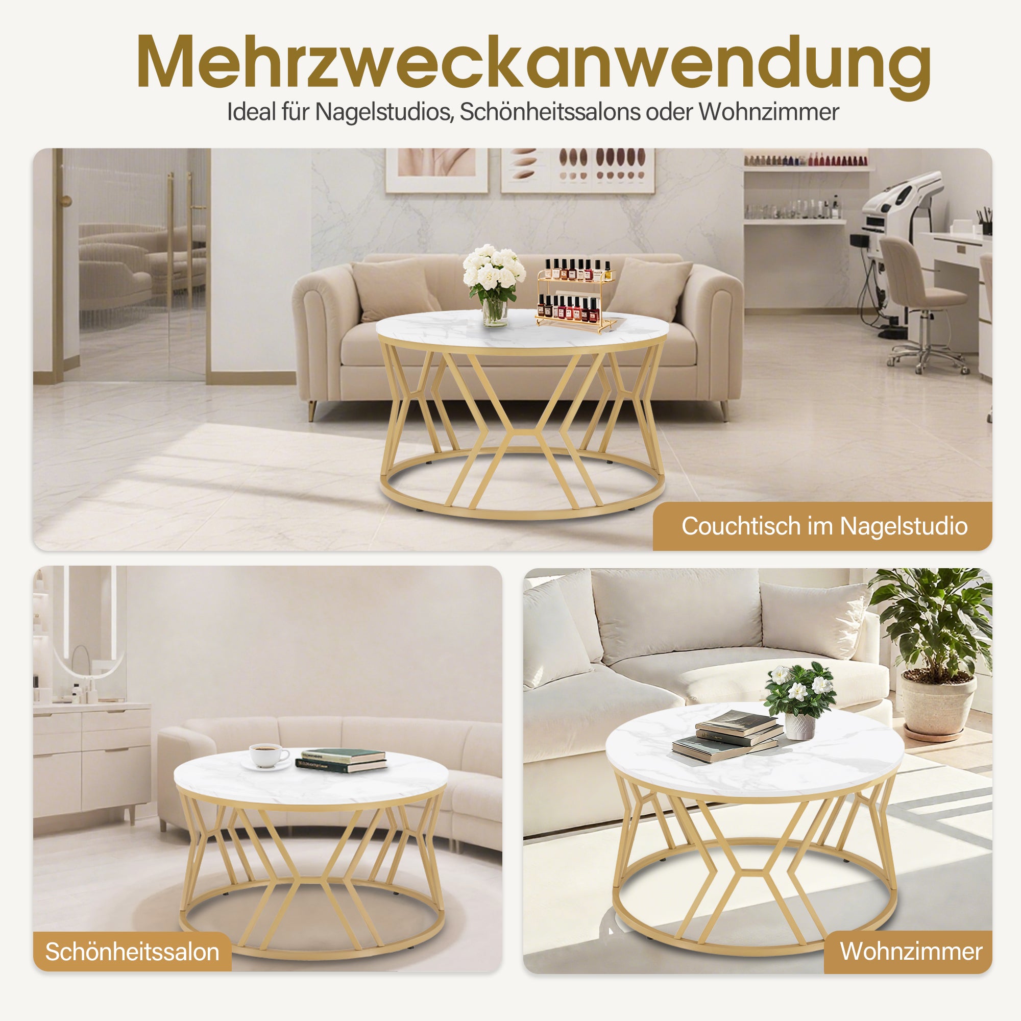 BarberPub Couchtisch Rund Holz, Moderner Sofatisch, Kleiner Beistelltisch Metall, Kaffeetisch für Wohnzimmer, Schönheitssalon, Wohnzimmertisch Marmor-Weiß Gold, 80x80x46cm, 2115