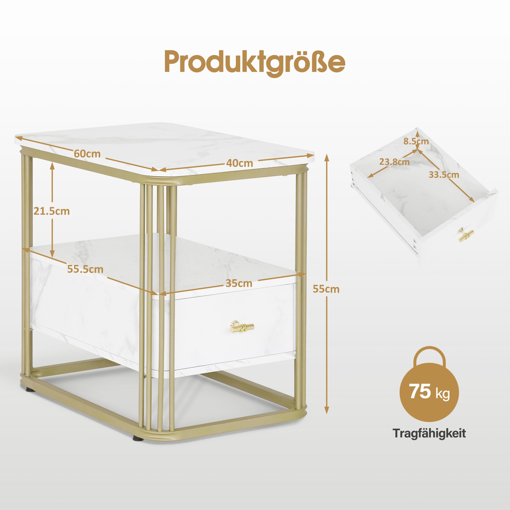 BarberPub Beistelltisch mit Schublade, Sofatisch mit 2 Ablagen, Modern Kaffeetisch Marmor Weiß Gold, Metallgestell, Couchtisch für Schlafzimmer, Wohnzimmer, Schönheitssalon, 60x40x55, 2138