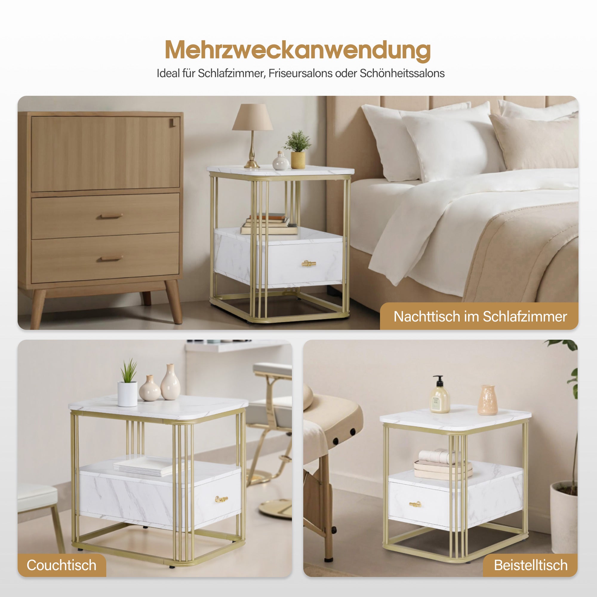 BarberPub Beistelltisch mit Schublade, Sofatisch mit 2 Ablagen, Modern Kaffeetisch Marmor Weiß Gold, Metallgestell, Couchtisch für Schlafzimmer, Wohnzimmer, Schönheitssalon, 60x40x55, 2138