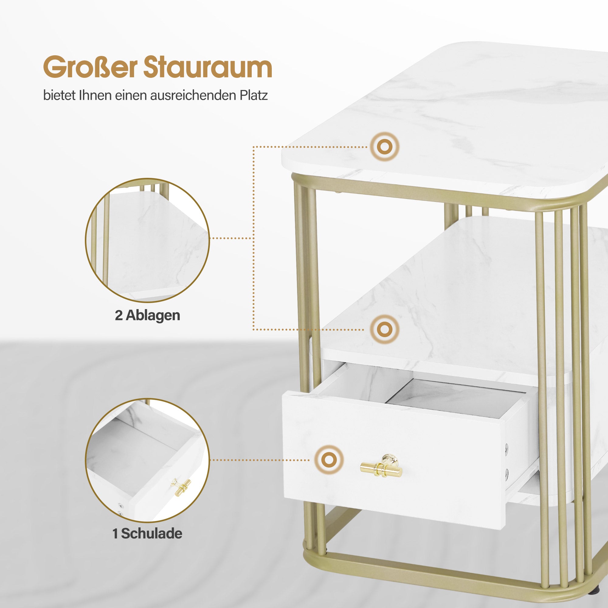 BarberPub Beistelltisch mit Schublade, Sofatisch mit 2 Ablagen, Modern Kaffeetisch Marmor Weiß Gold, Metallgestell, Couchtisch für Schlafzimmer, Wohnzimmer, Schönheitssalon, 60x40x55, 2138