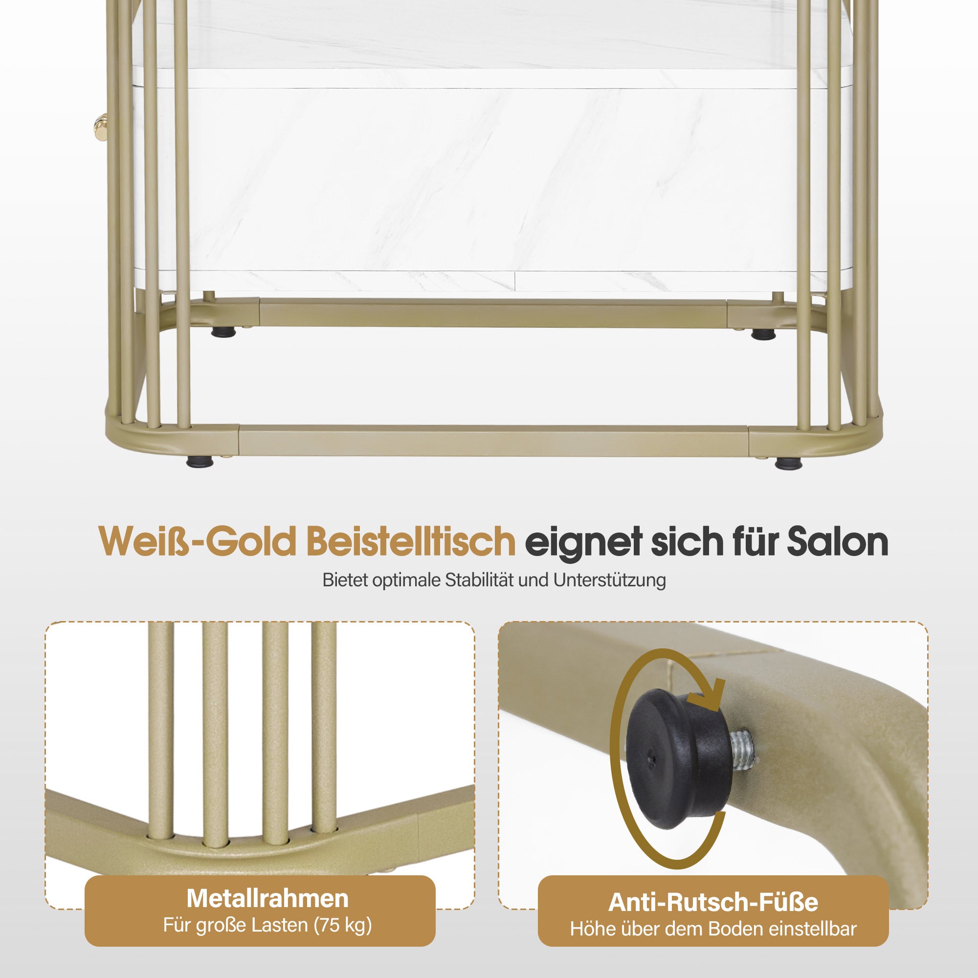 BarberPub Beistelltisch mit Schublade, Sofatisch mit 2 Ablagen, Modern Kaffeetisch Marmor Weiß Gold, Metallgestell, Couchtisch für Schlafzimmer, Wohnzimmer, Schönheitssalon, 60x40x55, 2138