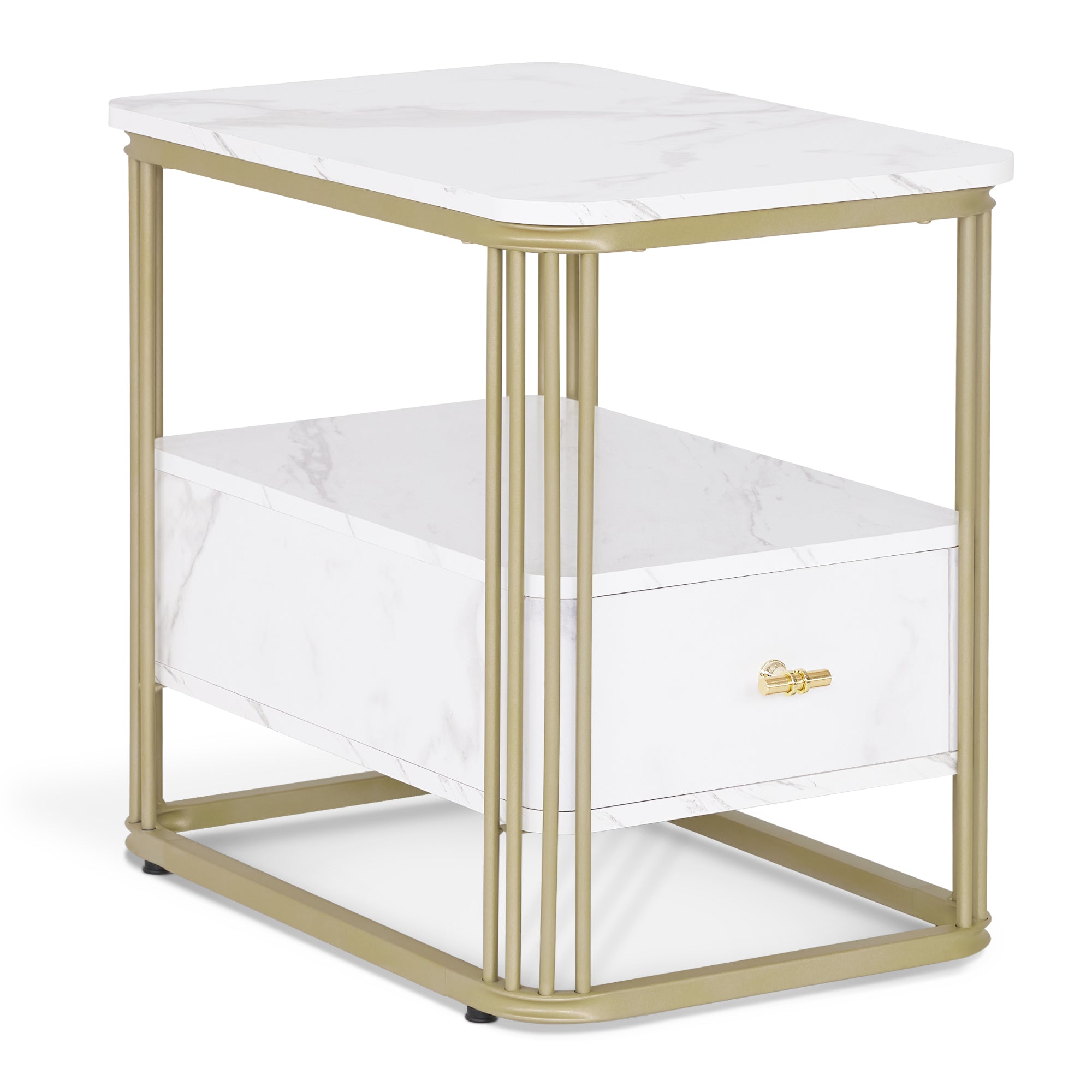 BarberPub Beistelltisch mit Schublade, Sofatisch mit 2 Ablagen, Modern Kaffeetisch Marmor Weiß Gold, Metallgestell, Couchtisch für Schlafzimmer, Wohnzimmer, Schönheitssalon, 60x40x55, 2138