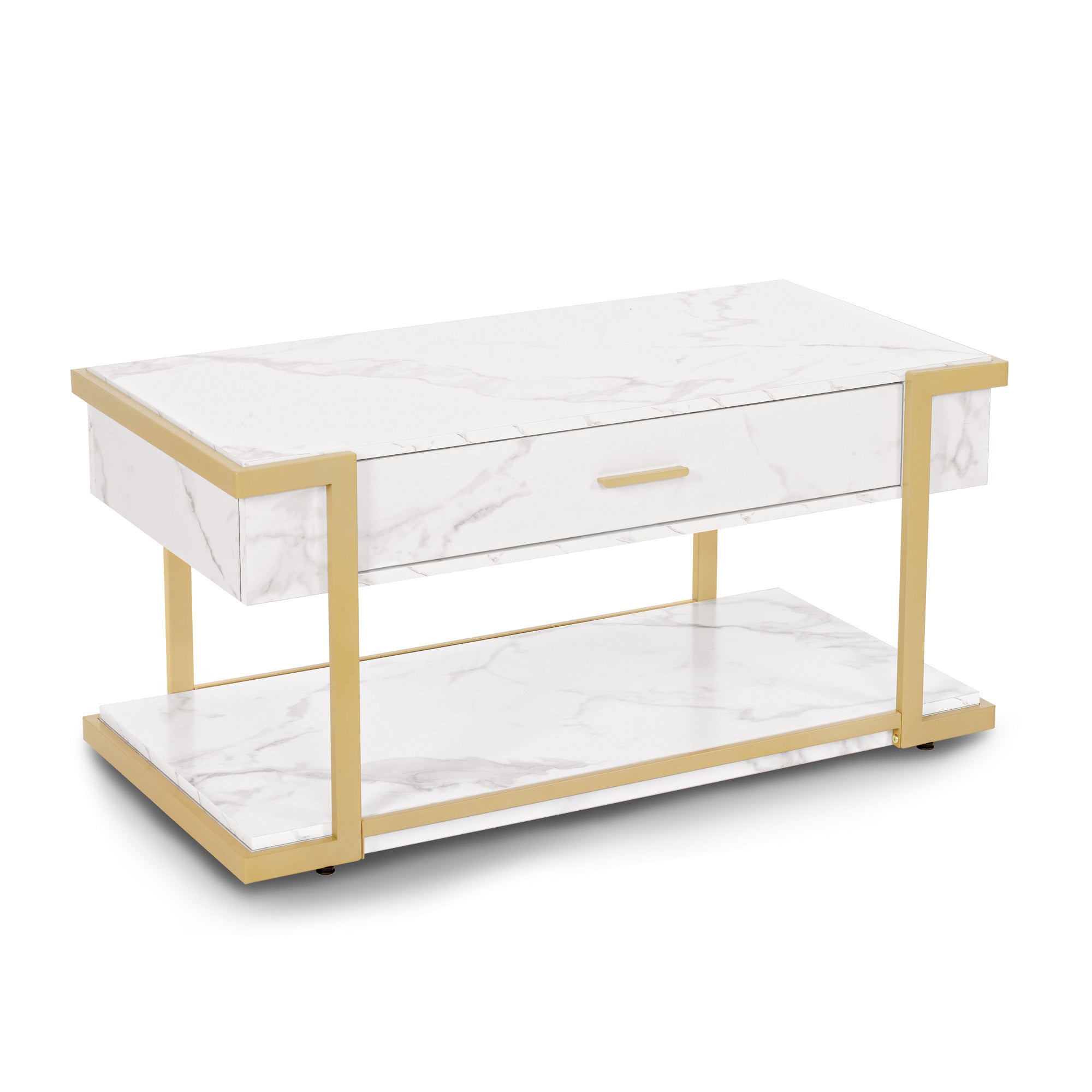 BarberPub Couchtisch Gold, Beistelltisch mit Schublade, Sofatisch mit 2 Ablagen, Moderner Wohnzimmertisch Metall, Kaffeetisch für Wohnzimmer, Schönheitssalon, Marmor-Weiß, 50x100,5x48cm, 2141
