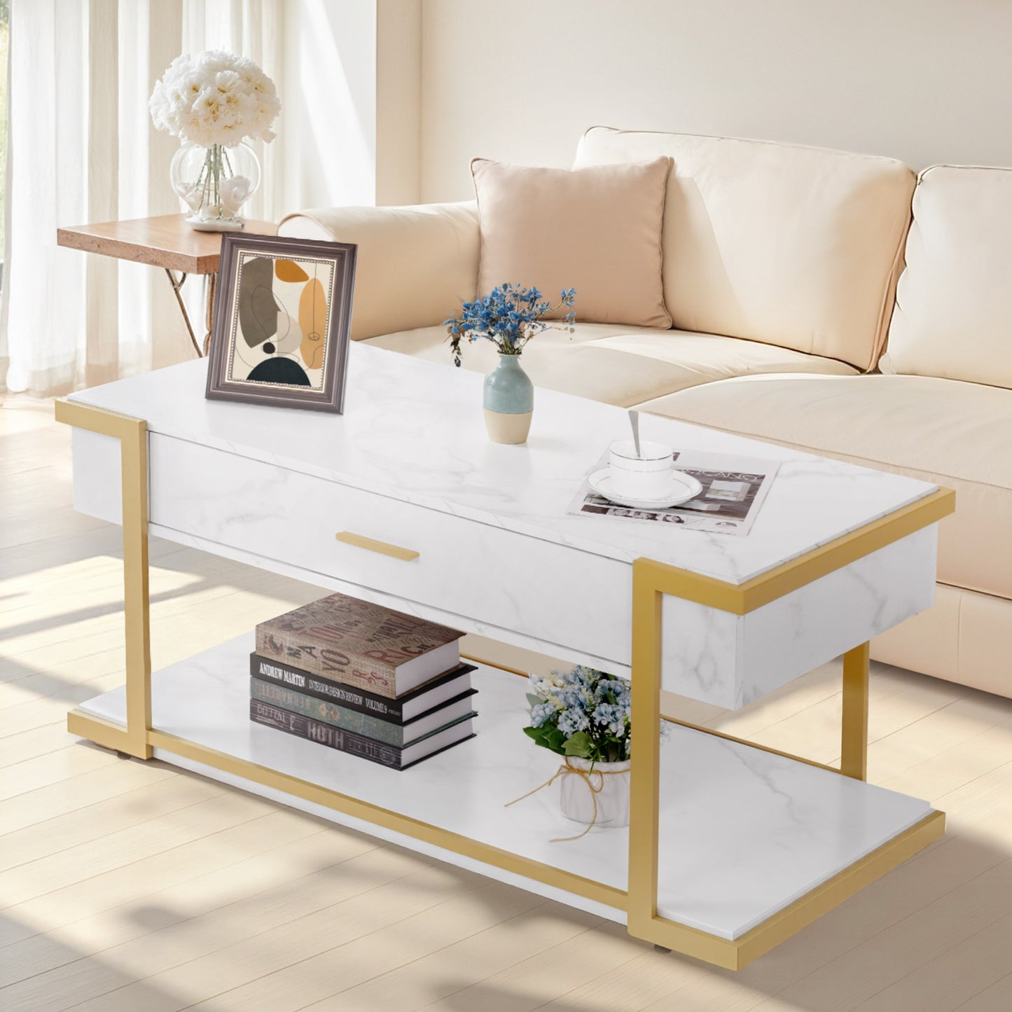 BarberPub Couchtisch Gold, Beistelltisch mit Schublade, Sofatisch mit 2 Ablagen, Moderner Wohnzimmertisch Metall, Kaffeetisch für Wohnzimmer, Schönheitssalon, Marmor-Weiß, 50x100,5x48cm, 2141
