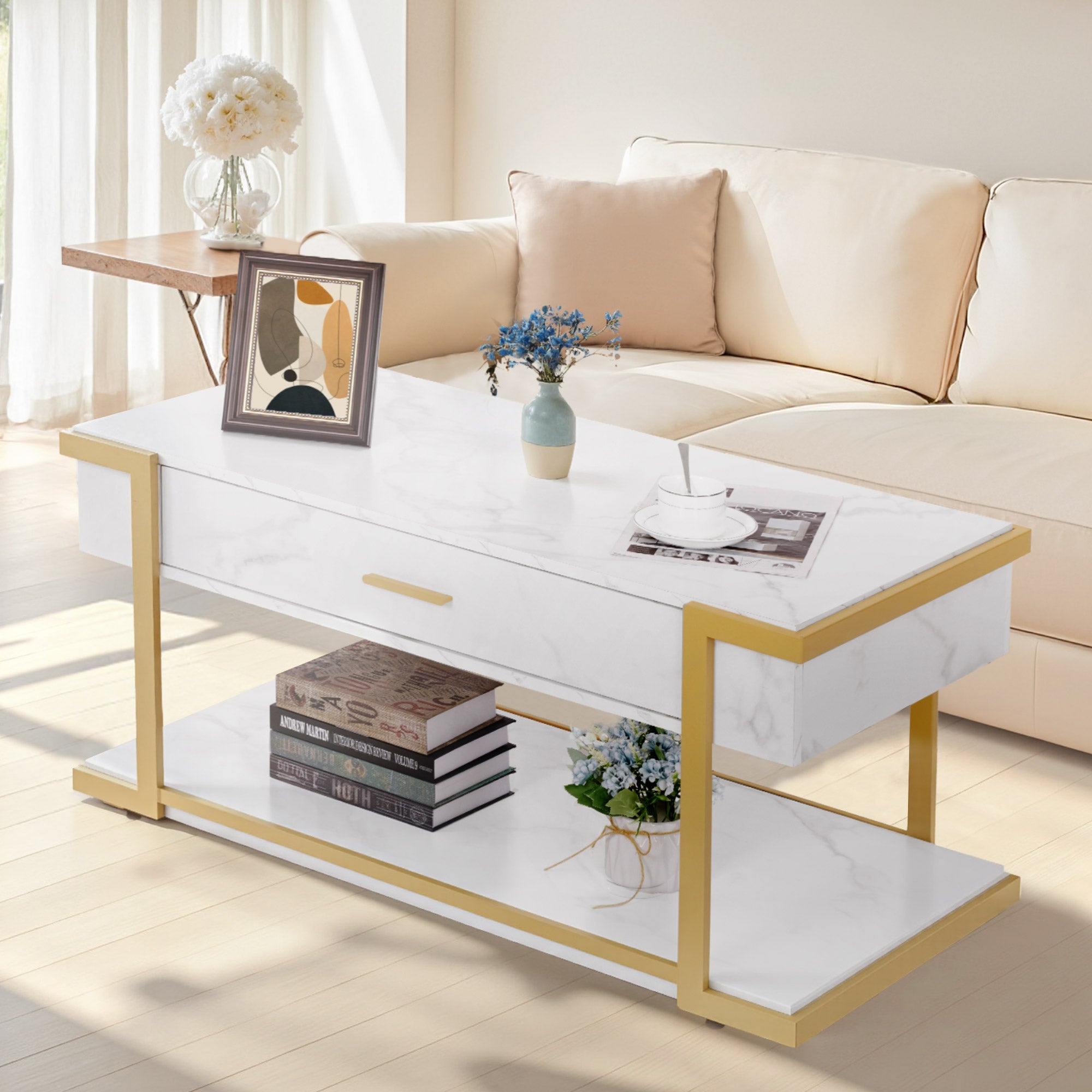 BarberPub Couchtisch Gold, Beistelltisch mit Schublade, Sofatisch mit 2 Ablagen, Moderner Wohnzimmertisch Metall, Kaffeetisch für Wohnzimmer, Schönheitssalon, Marmor-Weiß, 50x100,5x48cm, 2141