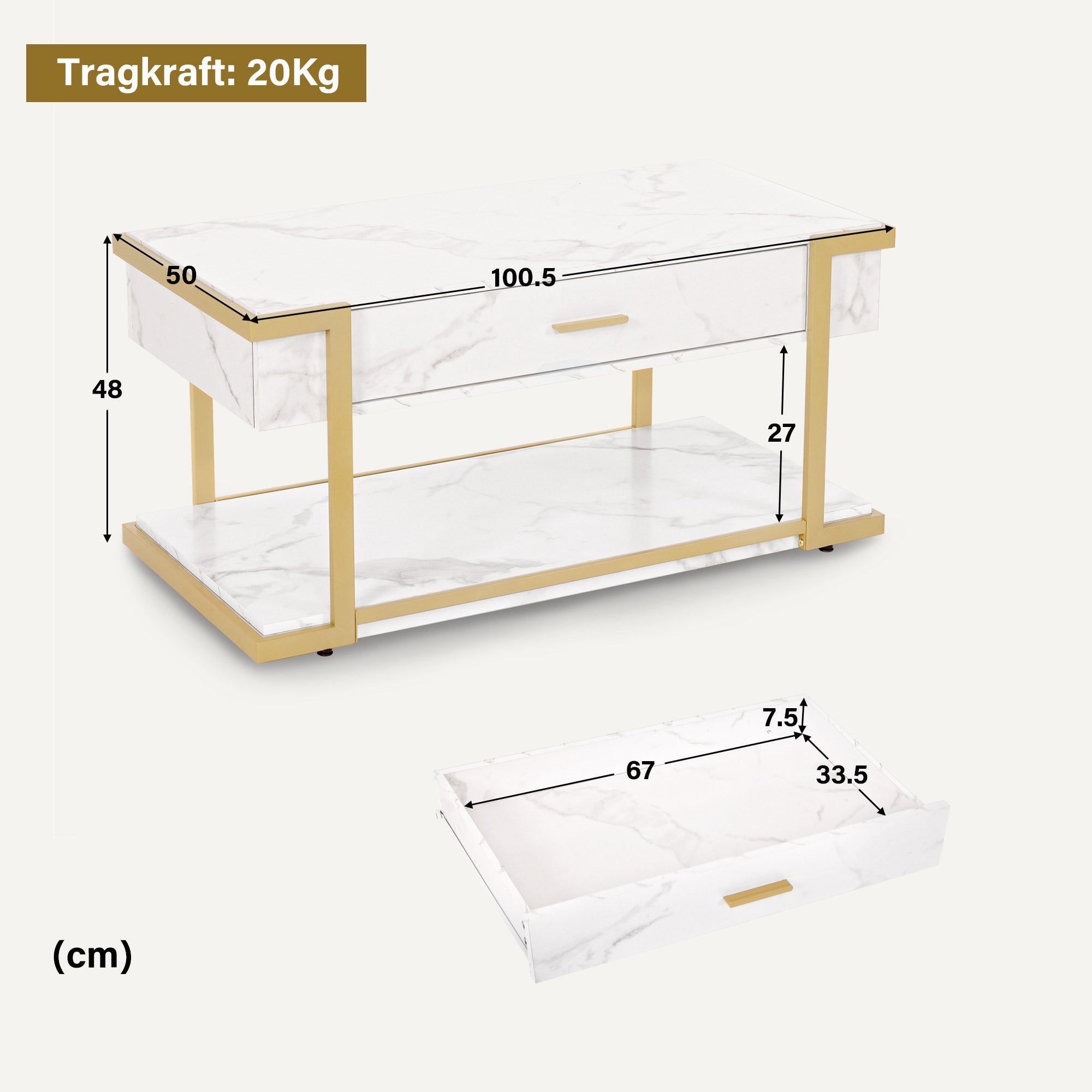 BarberPub Couchtisch Gold, Beistelltisch mit Schublade, Sofatisch mit 2 Ablagen, Moderner Wohnzimmertisch Metall, Kaffeetisch für Wohnzimmer, Schönheitssalon, Marmor-Weiß, 50x100,5x48cm, 2141