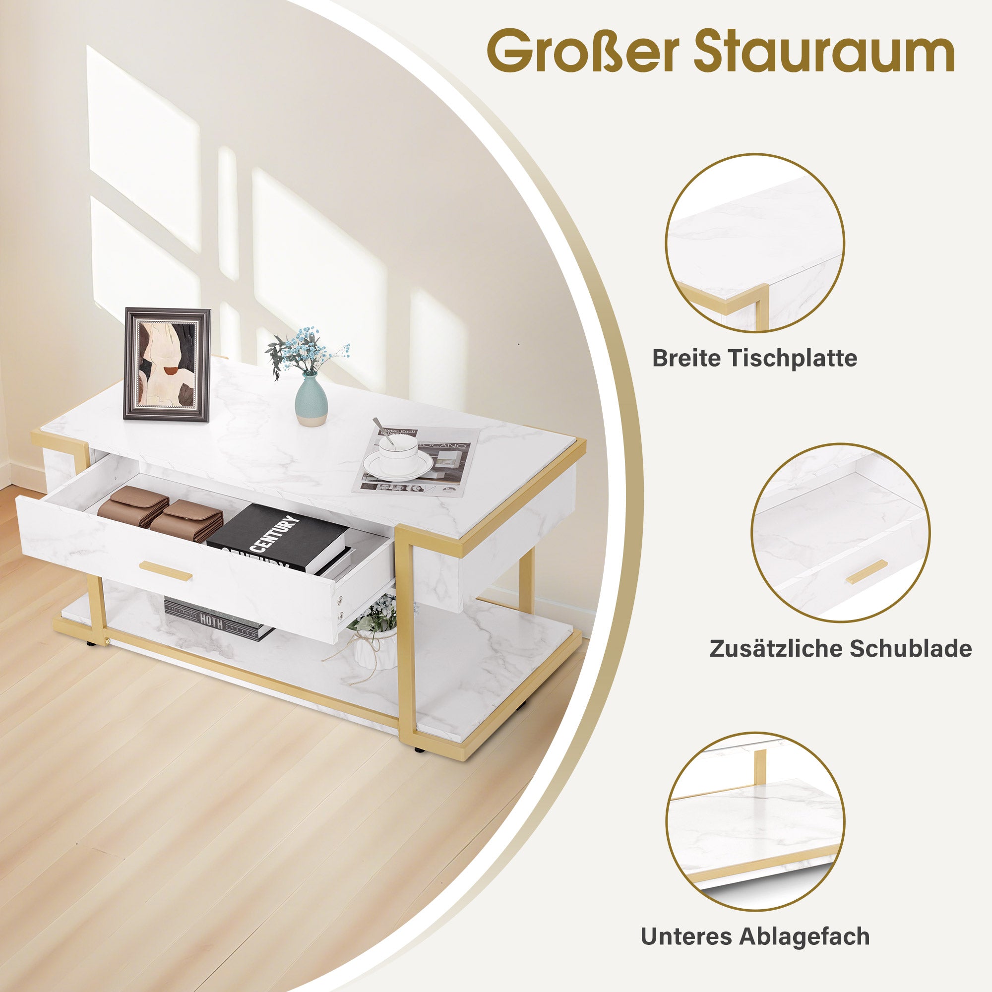 BarberPub Couchtisch Gold, Beistelltisch mit Schublade, Sofatisch mit 2 Ablagen, Moderner Wohnzimmertisch Metall, Kaffeetisch für Wohnzimmer, Schönheitssalon, Marmor-Weiß, 50x100,5x48cm, 2141