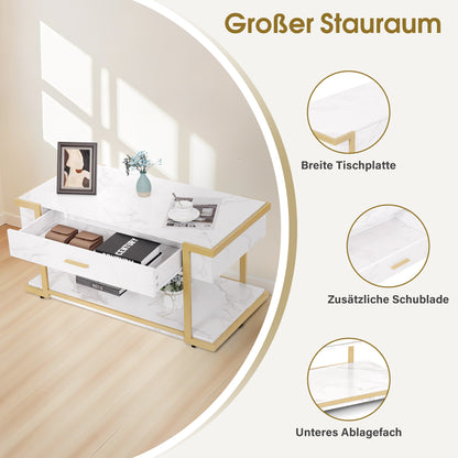 BarberPub Couchtisch Gold, Beistelltisch mit Schublade, Sofatisch mit 2 Ablagen, Moderner Wohnzimmertisch Metall, Kaffeetisch für Wohnzimmer, Schönheitssalon, Marmor-Weiß, 50x100,5x48cm, 2141