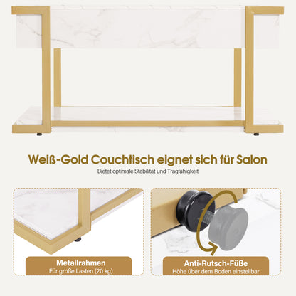 BarberPub Couchtisch Gold, Beistelltisch mit Schublade, Sofatisch mit 2 Ablagen, Moderner Wohnzimmertisch Metall, Kaffeetisch für Wohnzimmer, Schönheitssalon, Marmor-Weiß, 50x100,5x48cm, 2141