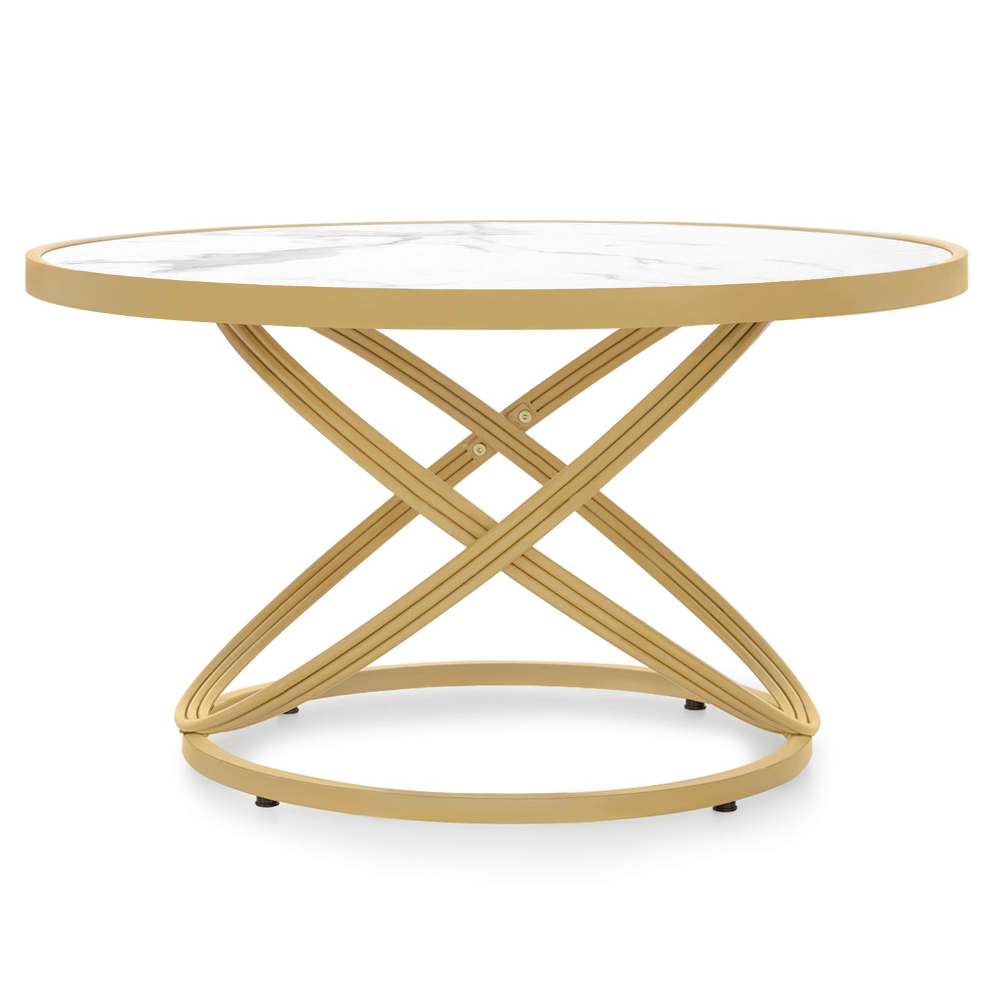 BarberPub Couchtisch Rund Holz, Moderner Sofatisch, Kleiner Beistelltisch Metall, Kaffeetisch für Wohnzimmer, Schönheitssalon, Wohnzimmertisch Marmor-Weiß Gold, 80x80x45cm, 2175